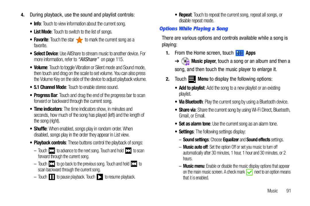 Samsung GT-P6210 user manual Options While Playing a Song, Channel Mode Touch to enable stereo sound 