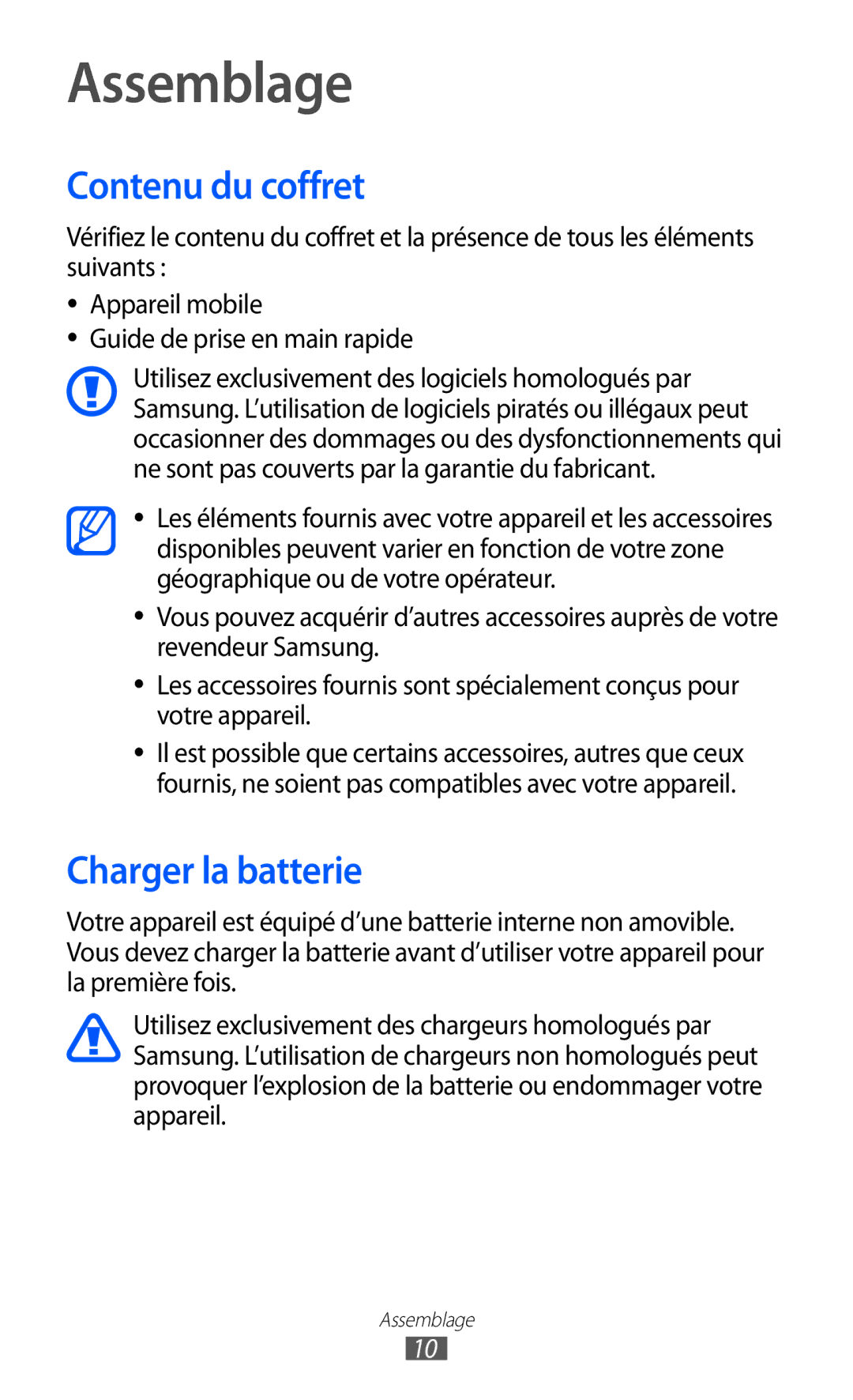 Samsung GT-P6210UWABGL manual Assemblage, Contenu du coffret, Charger la batterie 