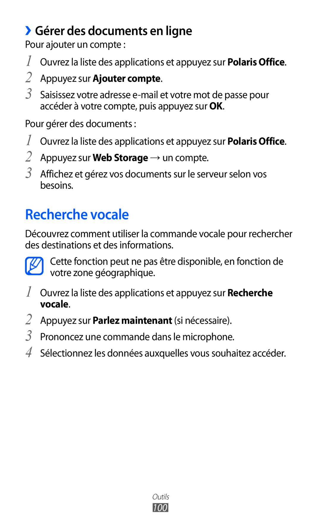 Samsung GT-P6210UWABGL manual Recherche vocale, ››Gérer des documents en ligne, Vocale, 100 