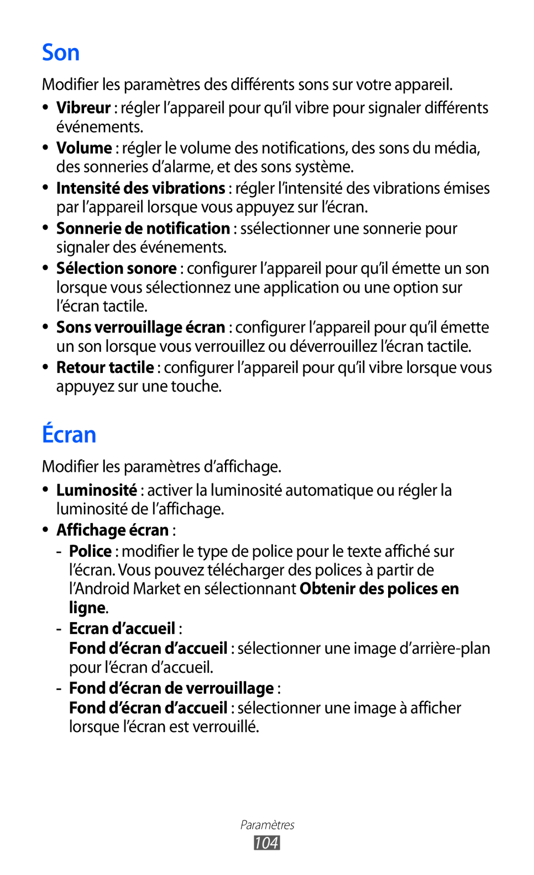 Samsung GT-P6210UWABGL manual Son, Écran, Affichage écran, Ecran d’accueil, Fond d’écran de verrouillage 