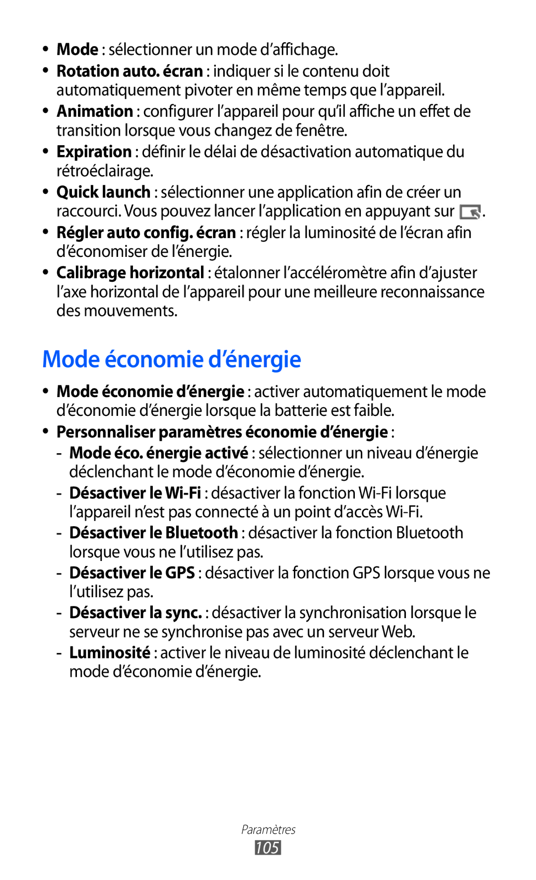 Samsung GT-P6210UWABGL manual Mode économie d’énergie, Transition lorsque vous changez de fenêtre, Rétroéclairage, 105 