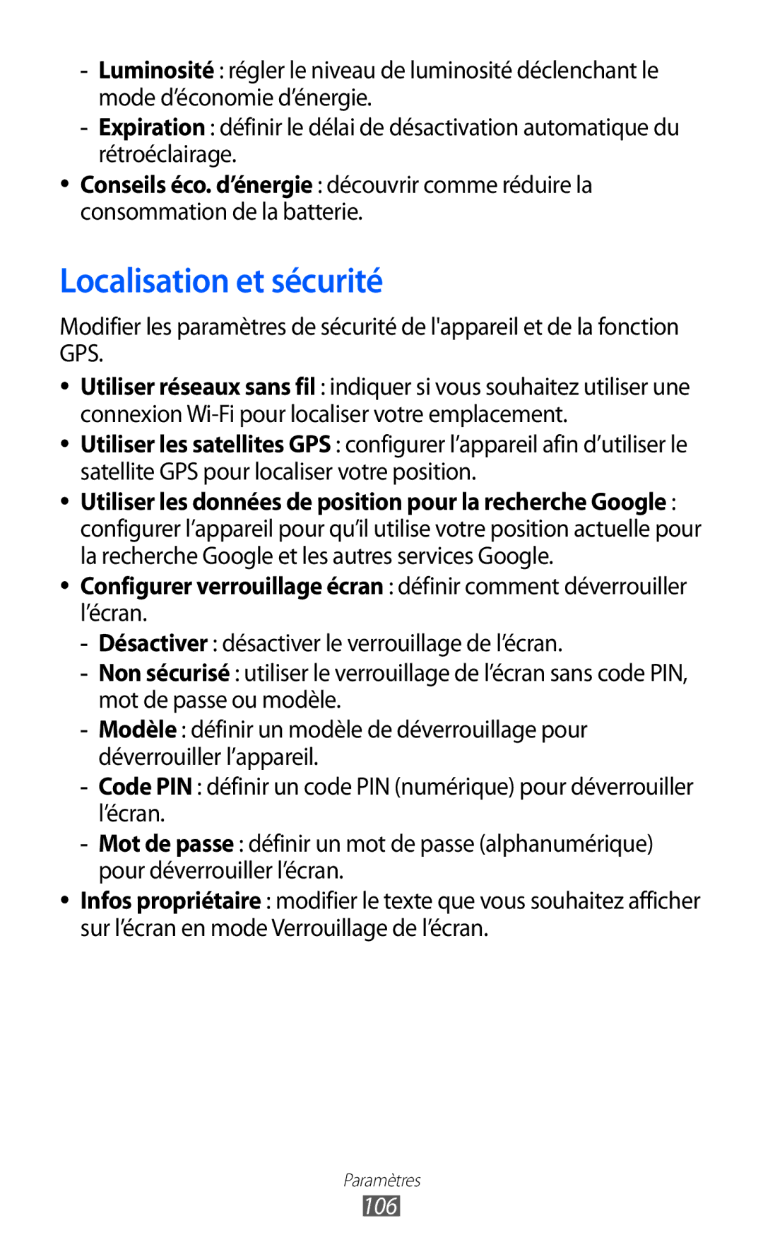 Samsung GT-P6210UWABGL manual Localisation et sécurité, 106 