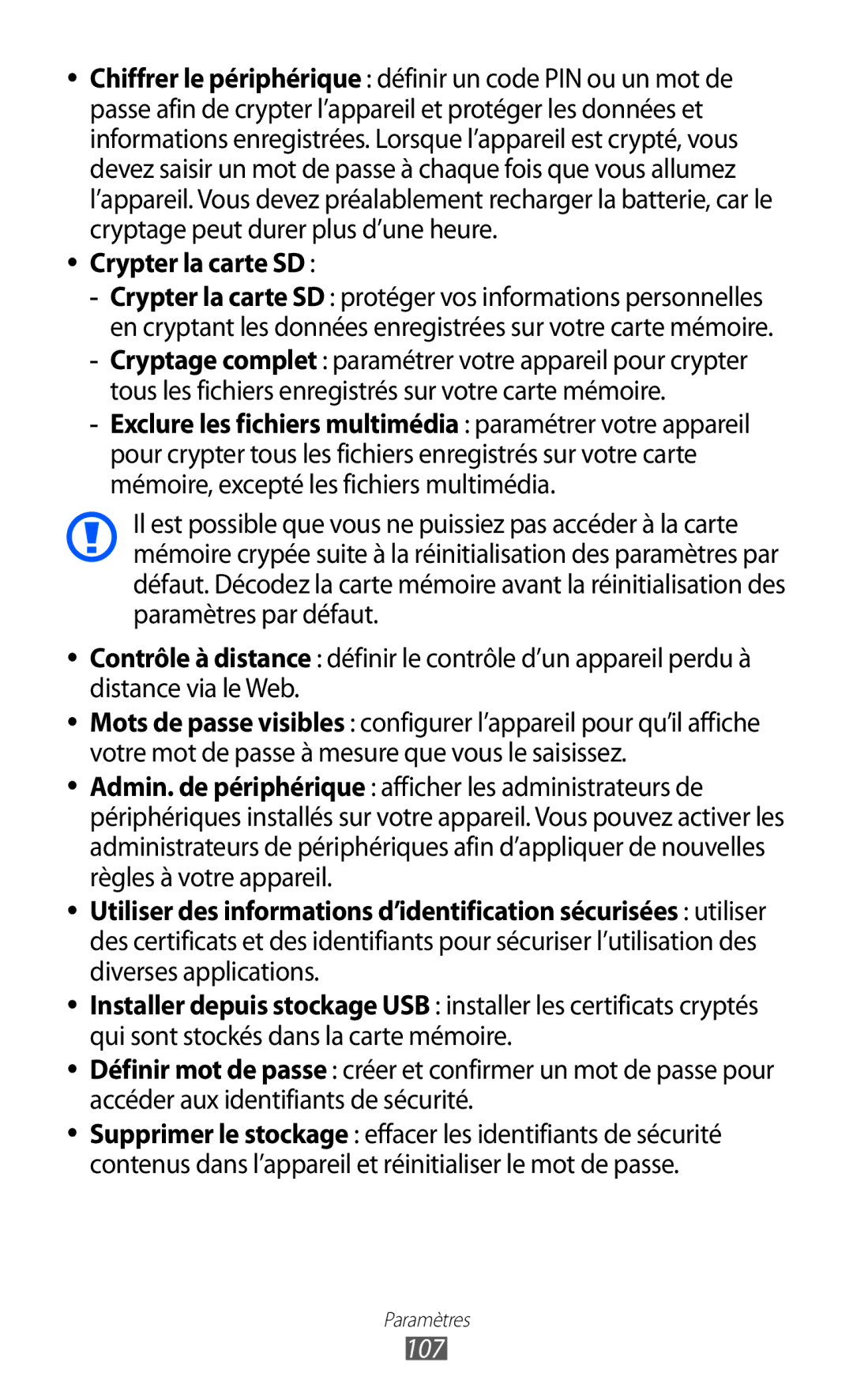 Samsung GT-P6210UWABGL manual Crypter la carte SD, 107 