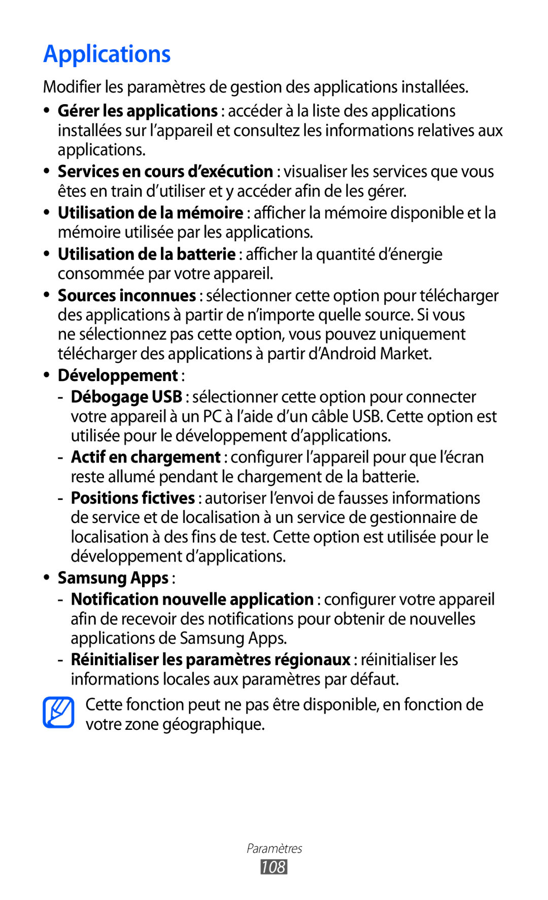 Samsung GT-P6210UWABGL manual Applications, Développement, 108 