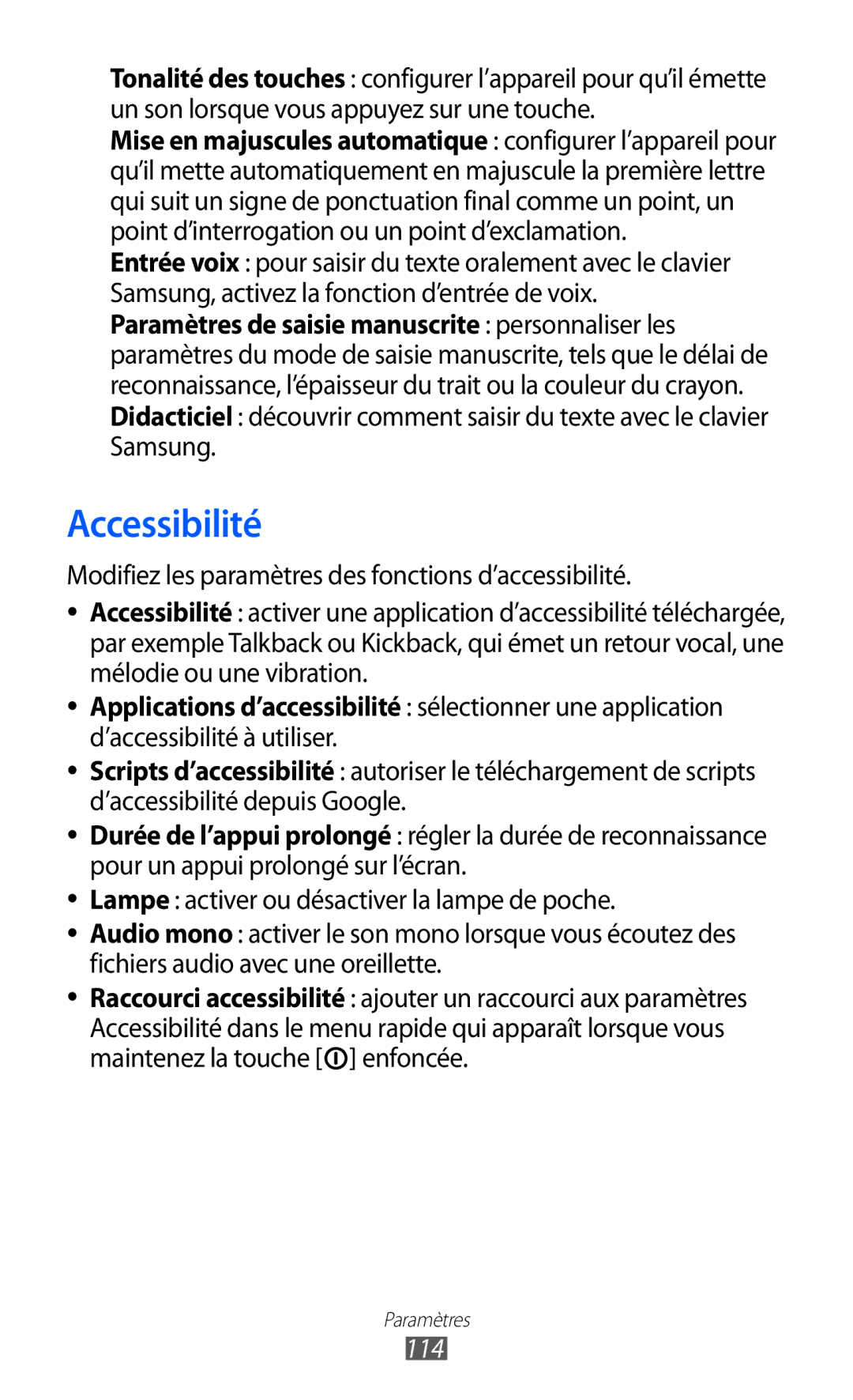 Samsung GT-P6210UWABGL manual Accessibilité, 114 