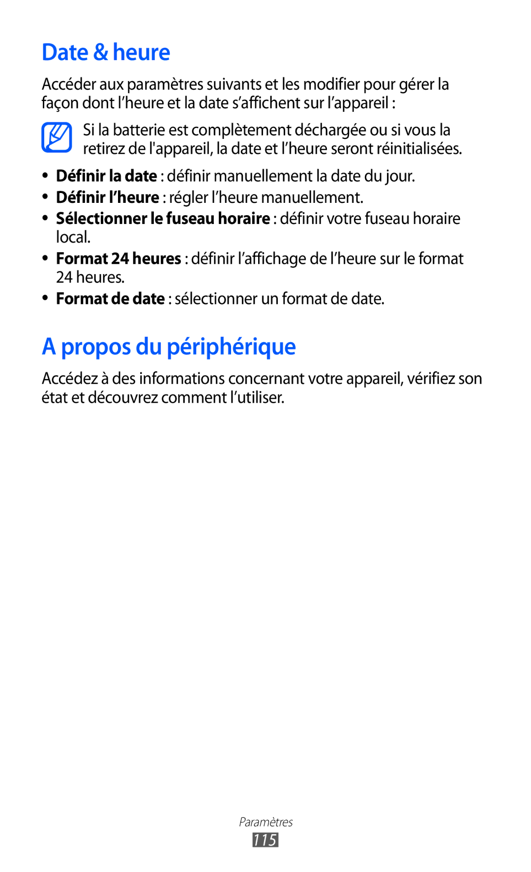 Samsung GT-P6210UWABGL manual Date & heure, Propos du périphérique, 115 
