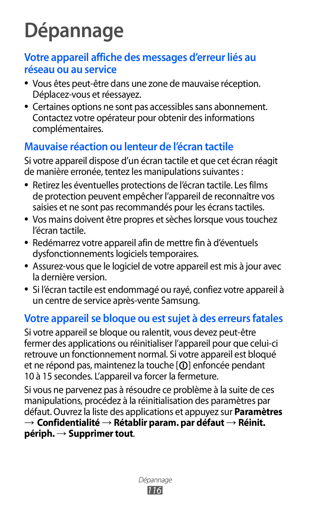 Samsung GT-P6210UWABGL manual Dépannage, 116 