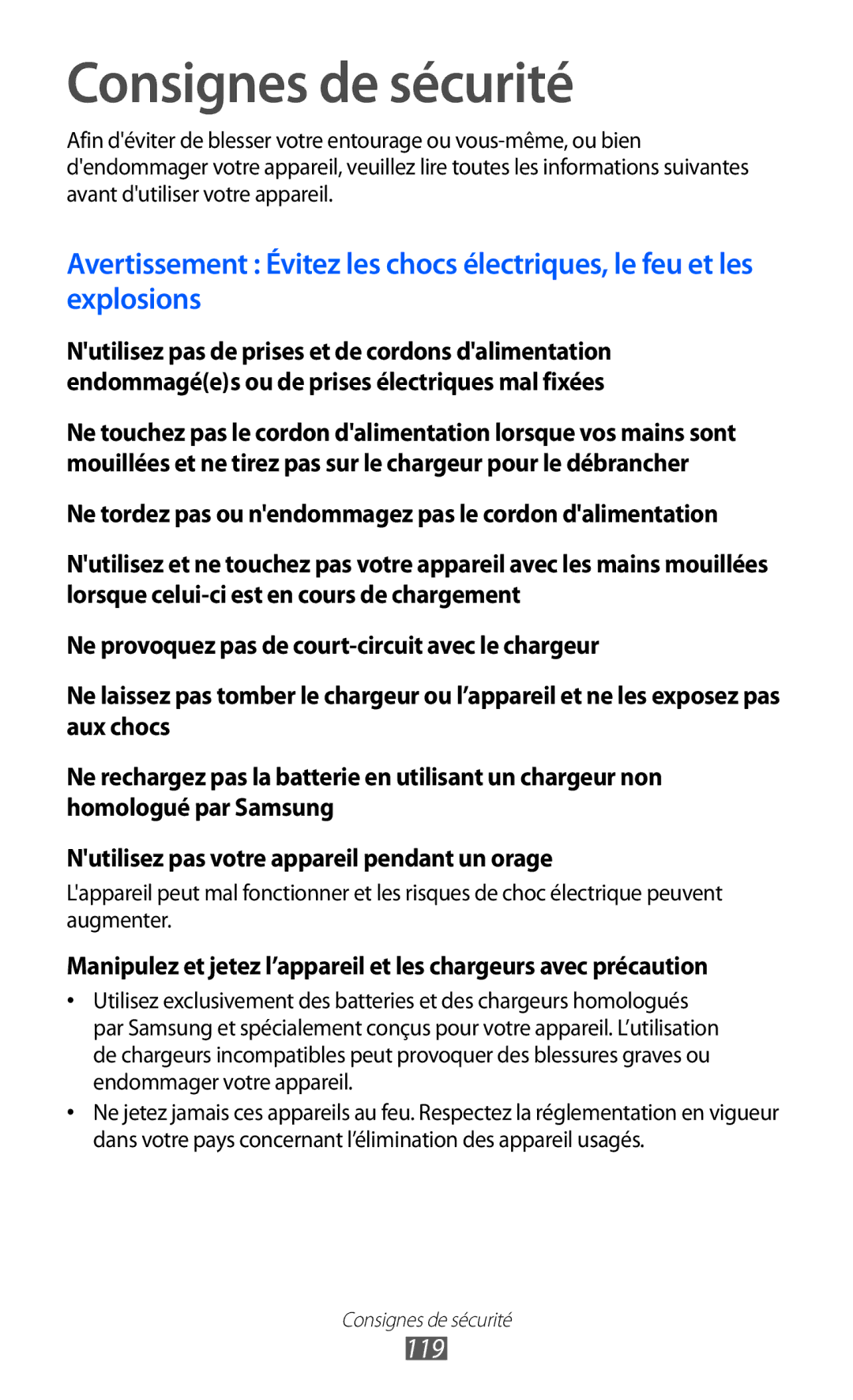 Samsung GT-P6210UWABGL manual Consignes de sécurité, 119 