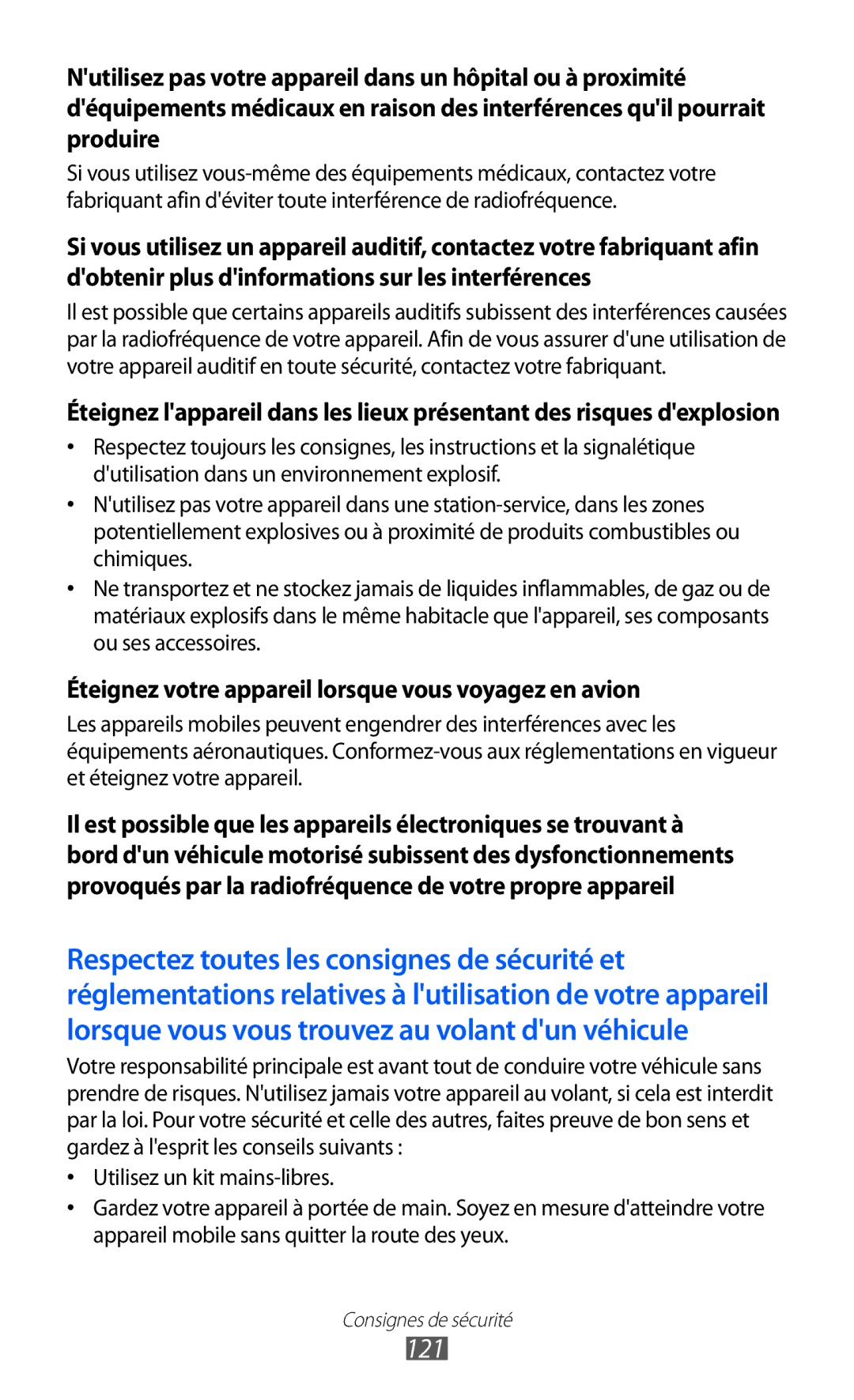 Samsung GT-P6210UWABGL manual 121, Éteignez votre appareil lorsque vous voyagez en avion 