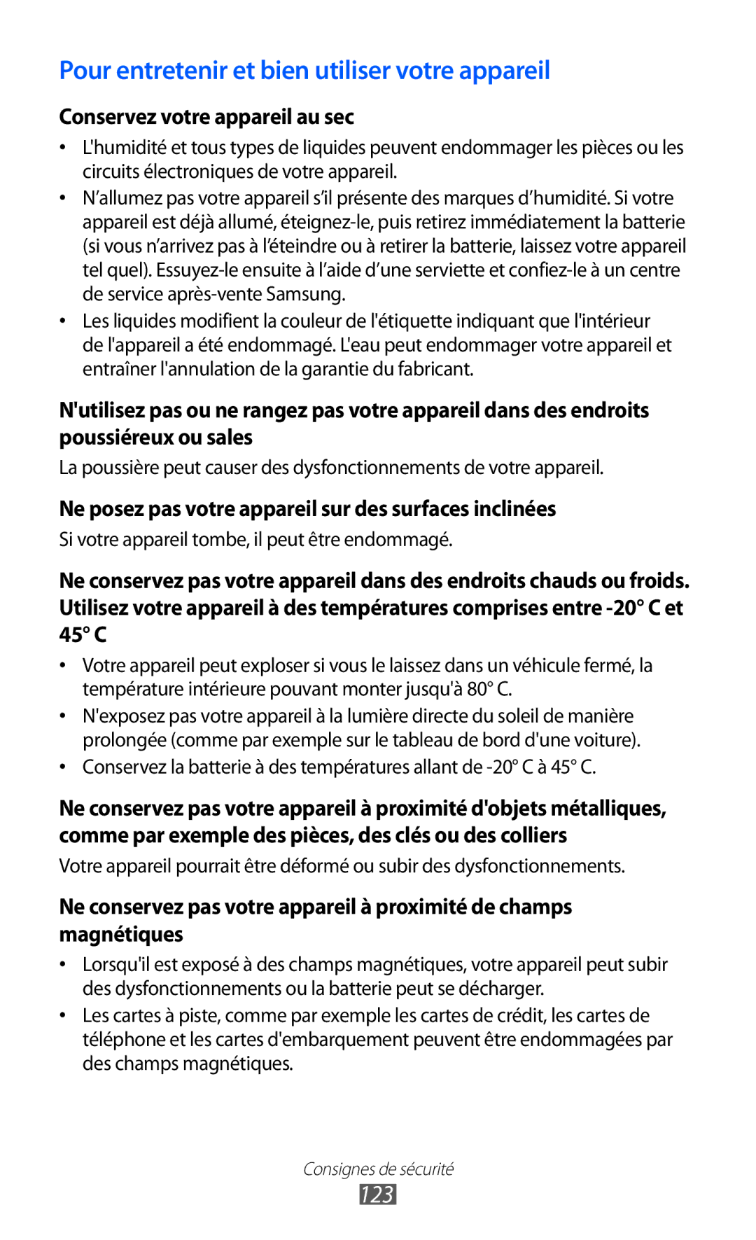 Samsung GT-P6210UWABGL manual Pour entretenir et bien utiliser votre appareil, 123 