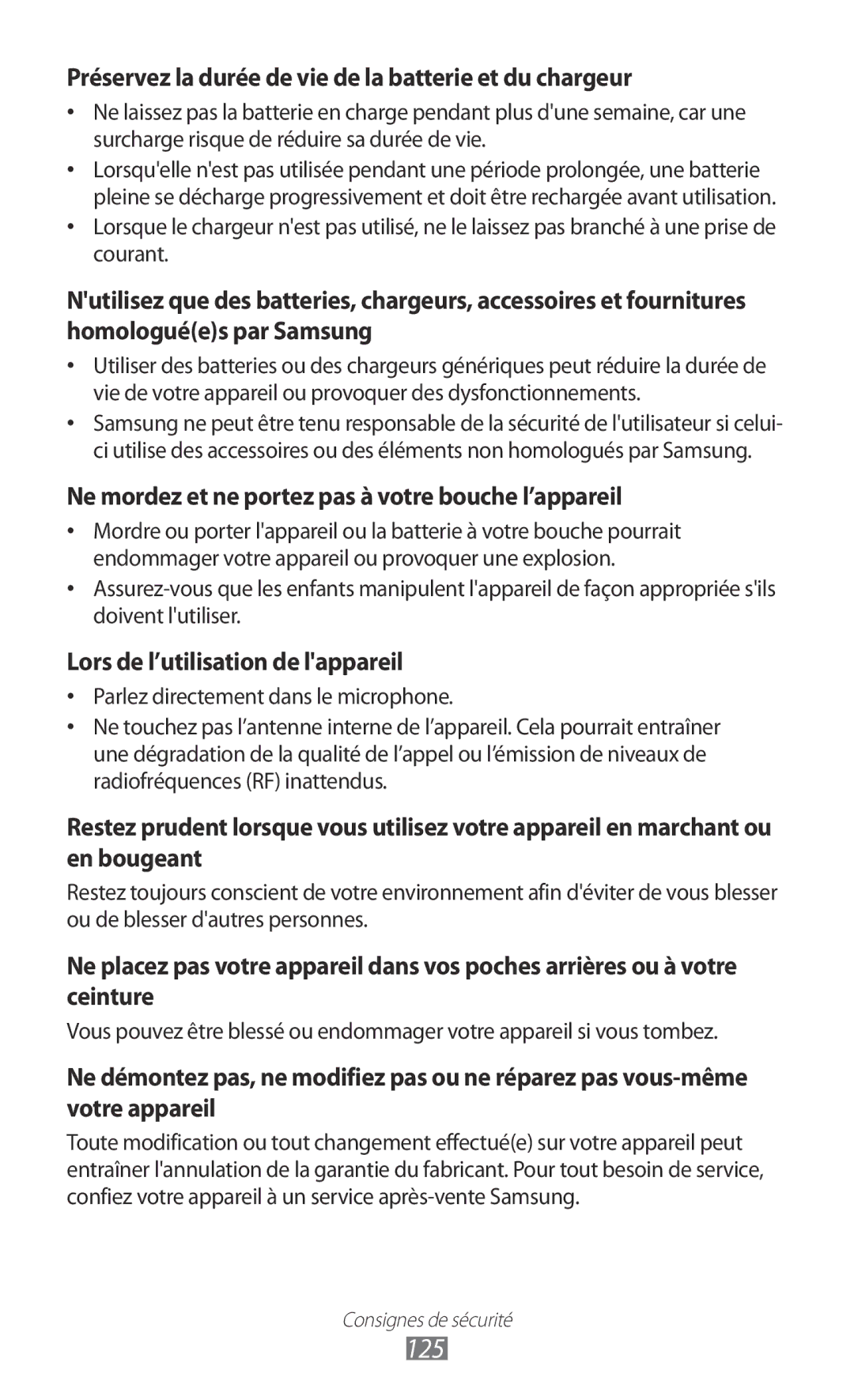 Samsung GT-P6210UWABGL manual 125, Préservez la durée de vie de la batterie et du chargeur 