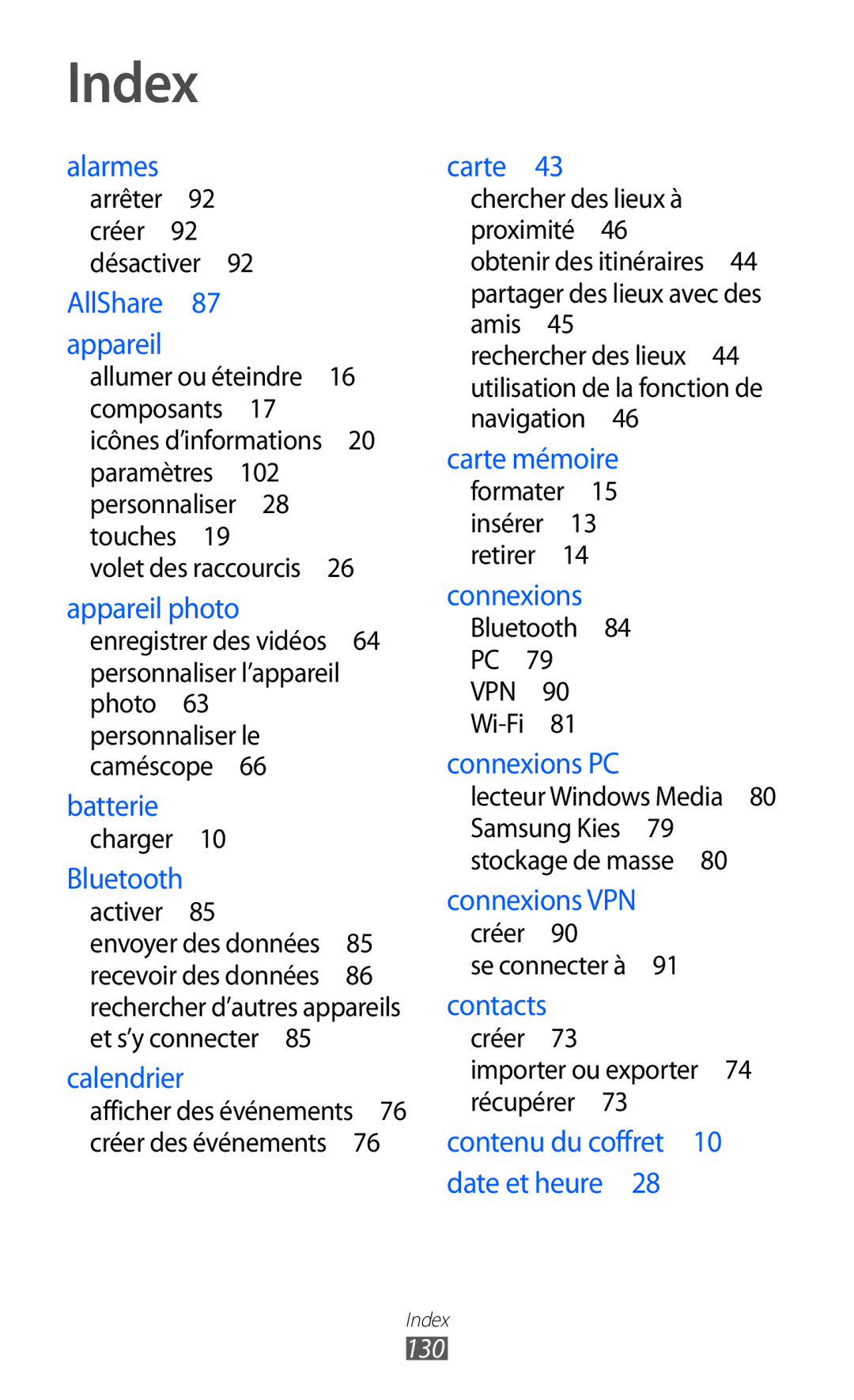 Samsung GT-P6210UWABGL manual Index, 130 