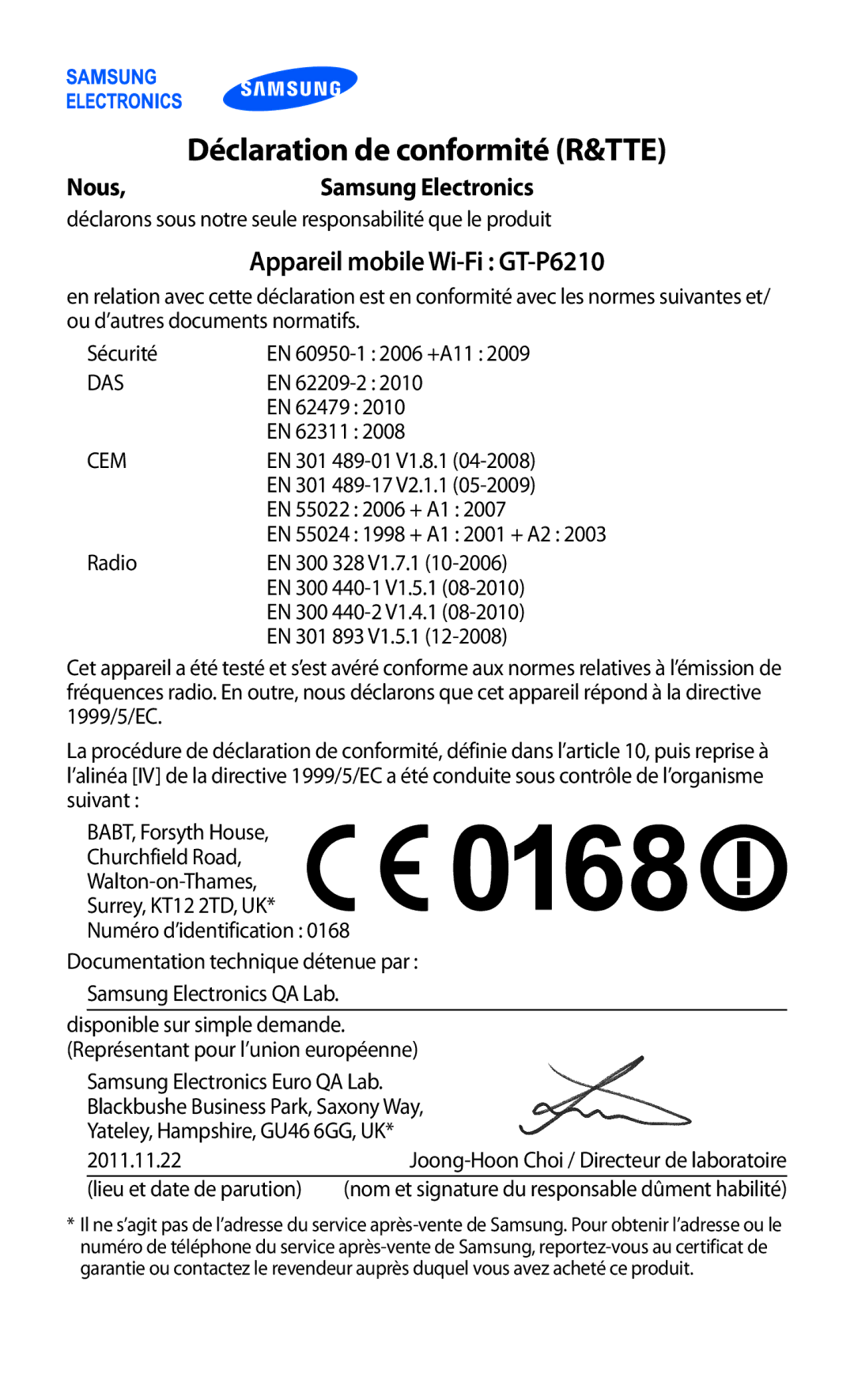 Samsung GT-P6210UWABGL manual Déclaration de conformité R&TTE, Appareil mobile Wi-Fi GT-P6210 