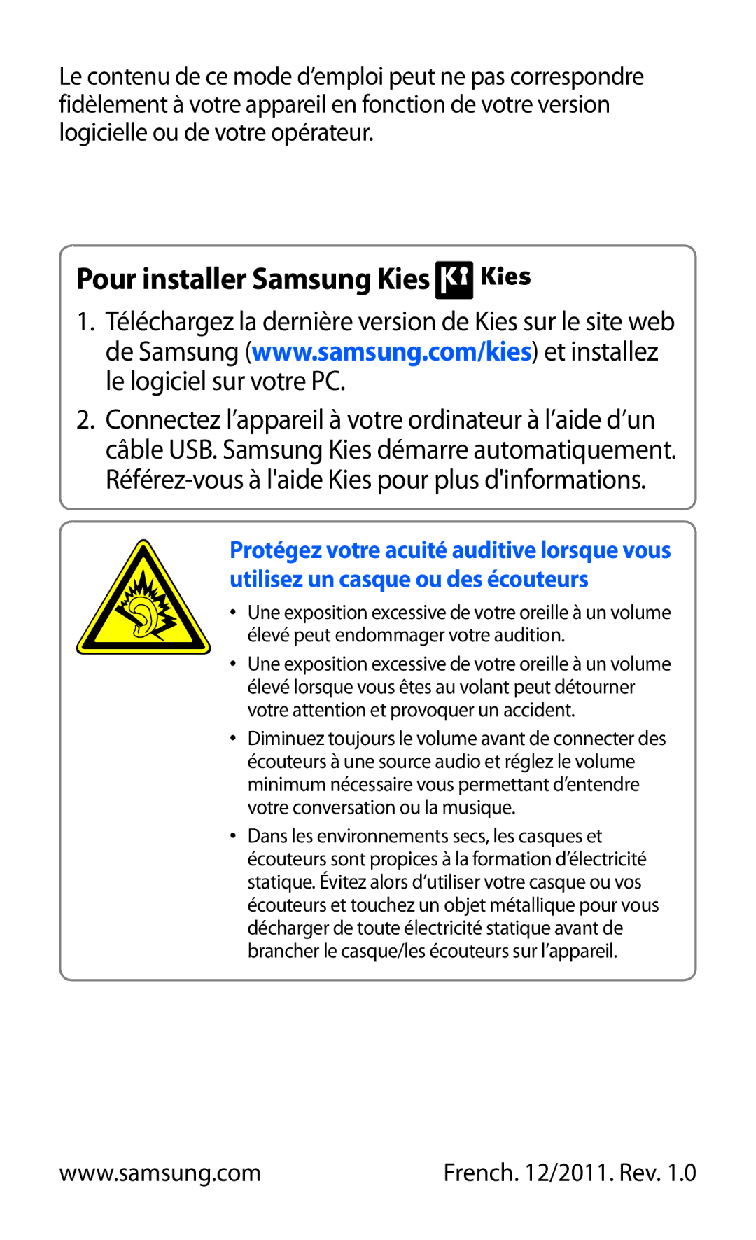 Samsung GT-P6210UWABGL manual Pour installer Samsung Kies 