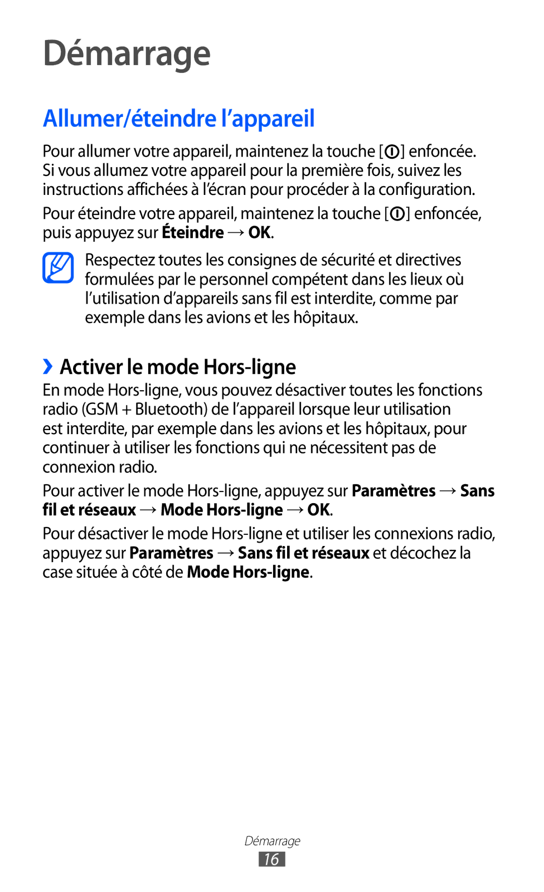 Samsung GT-P6210UWABGL manual Démarrage, Allumer/éteindre l’appareil, ››Activer le mode Hors-ligne 