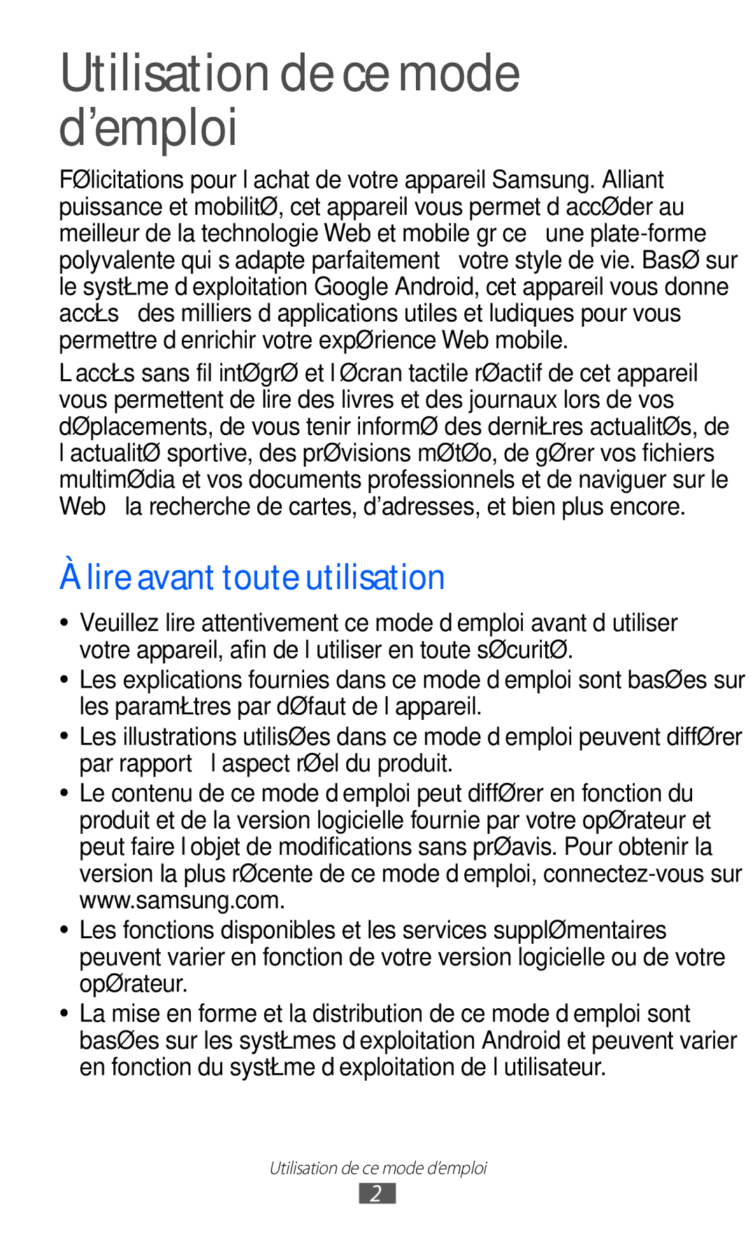 Samsung GT-P6210UWABGL manual Utilisation de ce mode d’emploi, Lire avant toute utilisation 