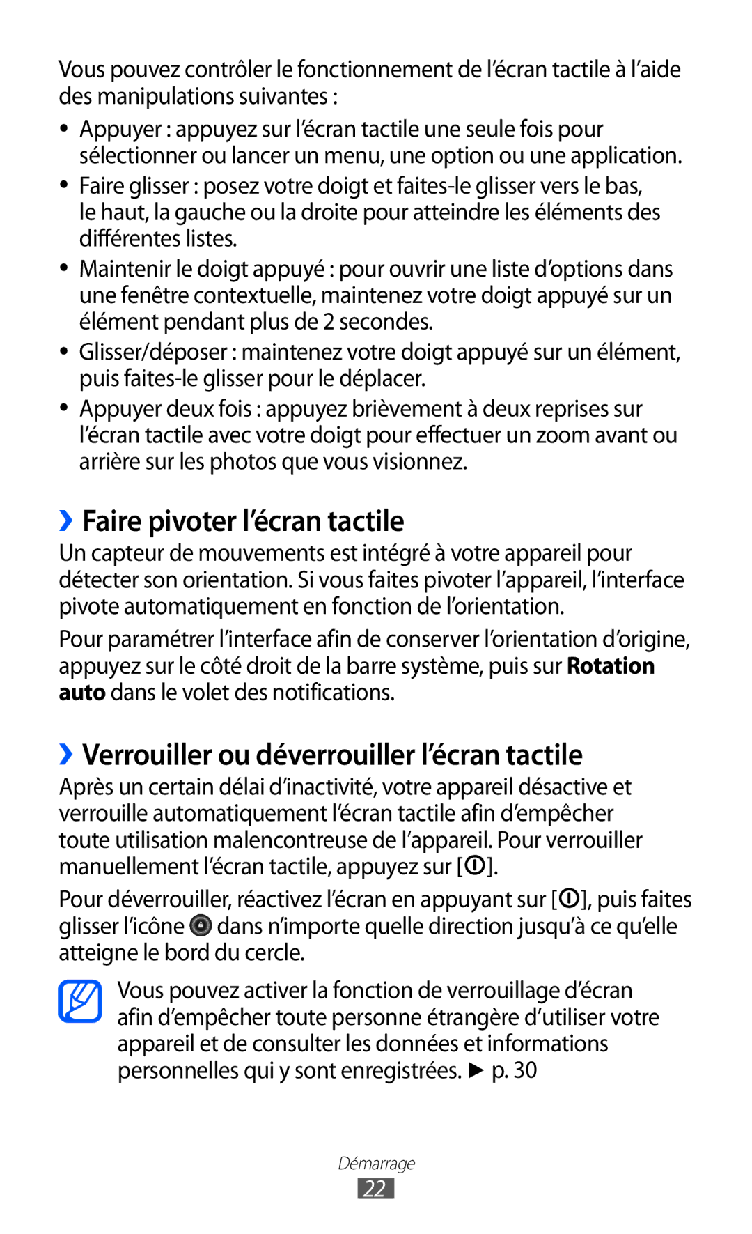 Samsung GT-P6210UWABGL manual ››Faire pivoter l’écran tactile, ››Verrouiller ou déverrouiller l’écran tactile 