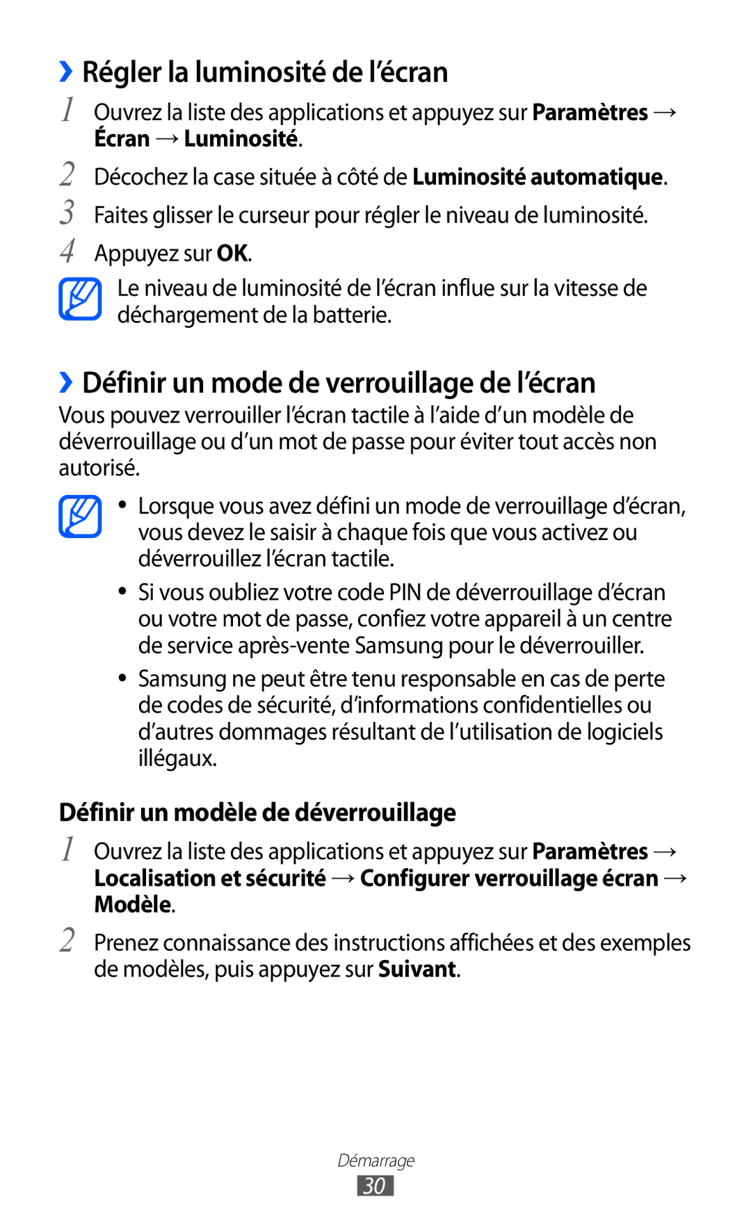 Samsung GT-P6210UWABGL manual ››Régler la luminosité de l’écran, ››Définir un mode de verrouillage de l’écran 