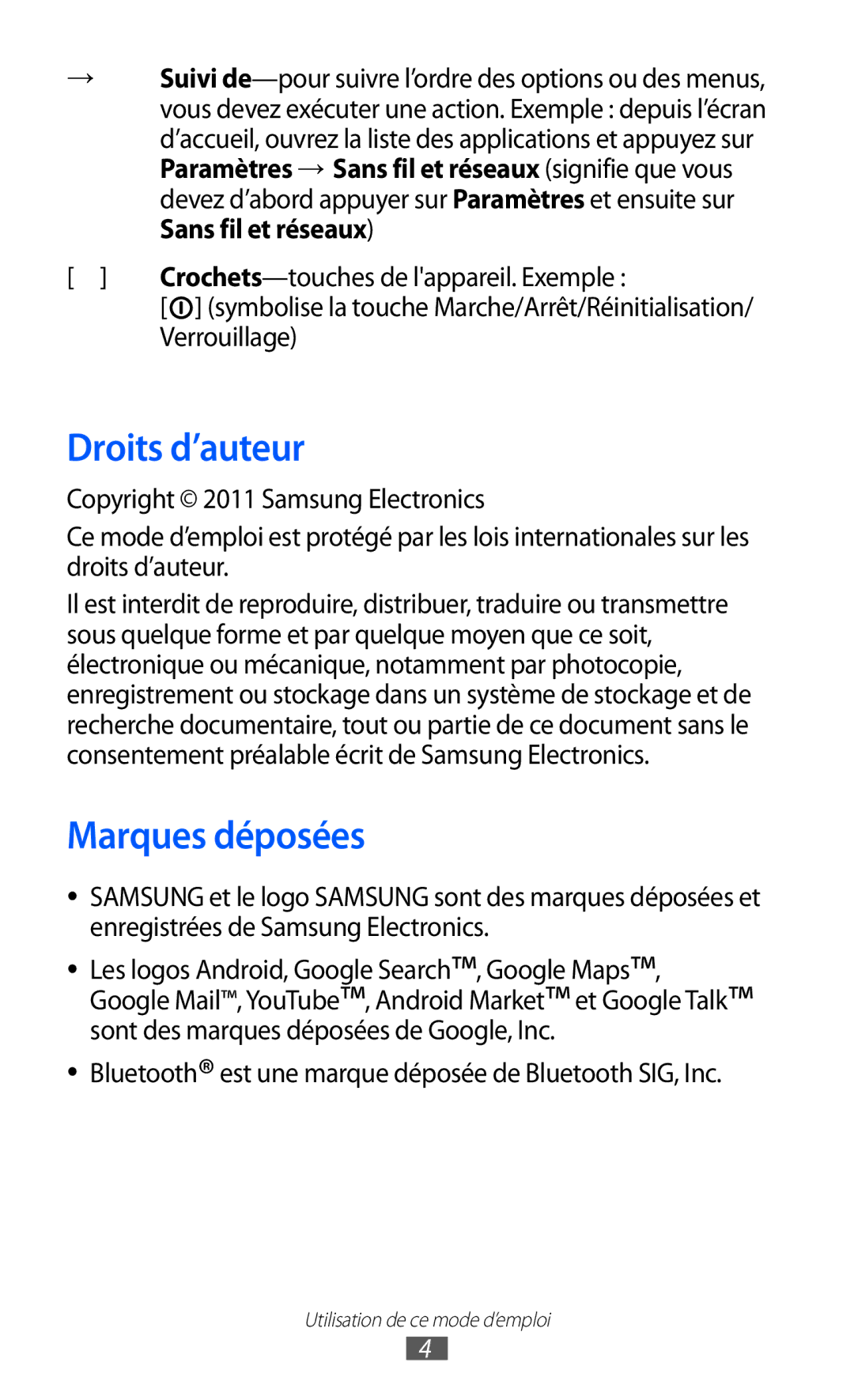 Samsung GT-P6210UWABGL manual Droits d’auteur, Marques déposées, Crochets-touches de lappareil. Exemple, Verrouillage 