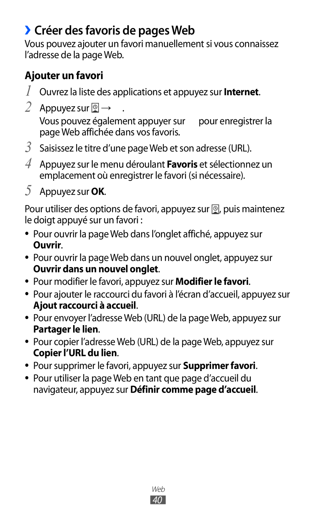 Samsung GT-P6210UWABGL manual ››Créer des favoris de pages Web, Ajouter un favori 