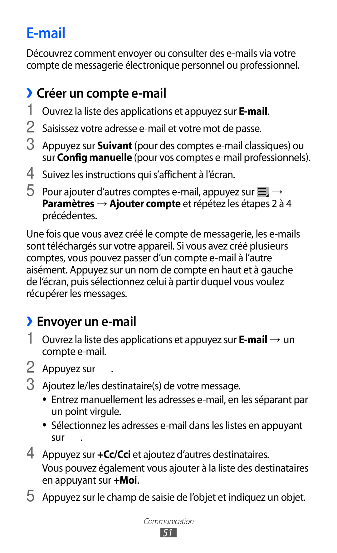 Samsung GT-P6210UWABGL manual Mail, ››Créer un compte e-mail, ››Envoyer un e-mail 