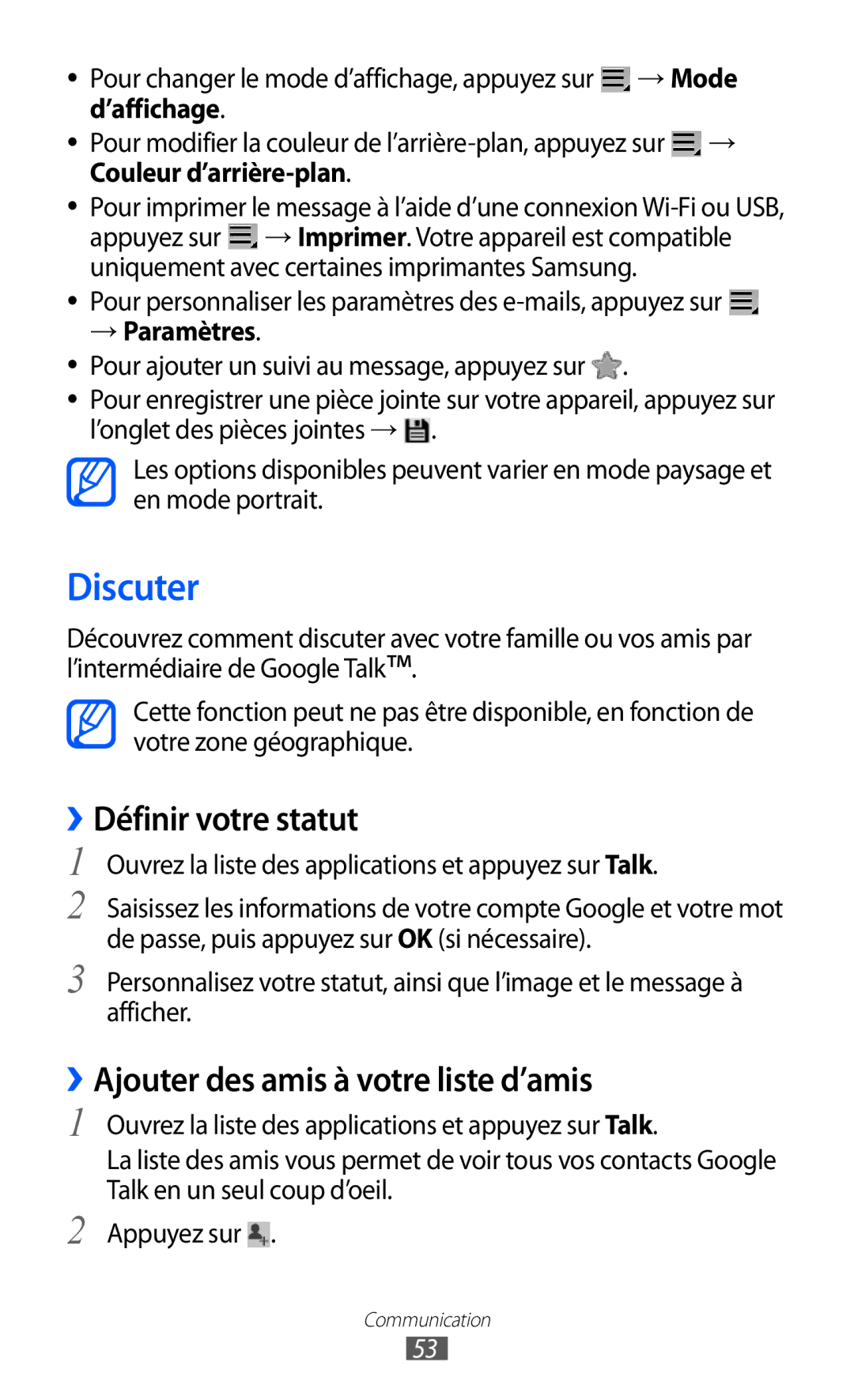 Samsung GT-P6210UWABGL manual Discuter, ››Définir votre statut, ››Ajouter des amis à votre liste d’amis, ’affichage 