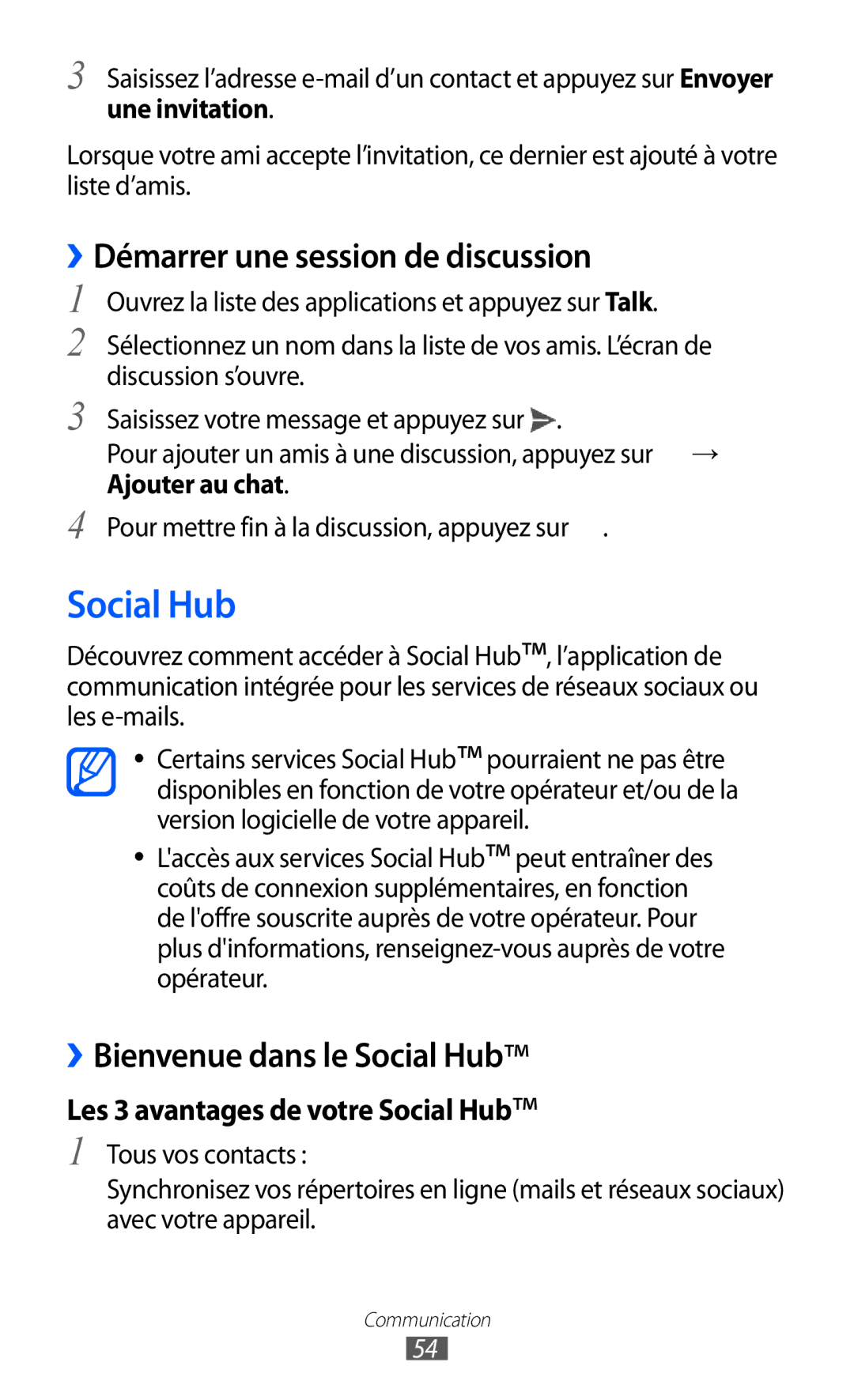 Samsung GT-P6210UWABGL manual Social Hub, ››Démarrer une session de discussion, Une invitation 