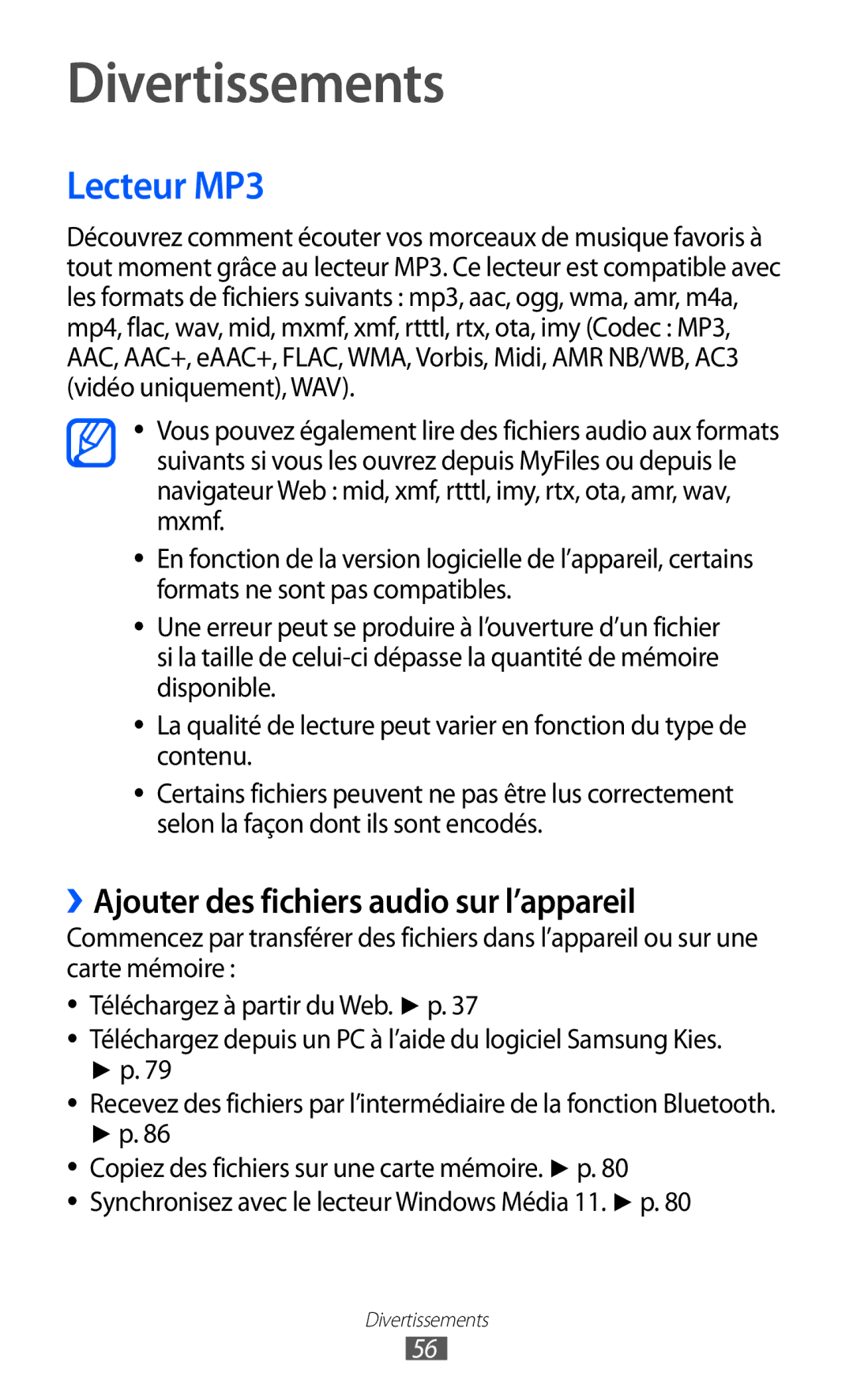 Samsung GT-P6210UWABGL manual Divertissements, Lecteur MP3, ››Ajouter des fichiers audio sur l’appareil 