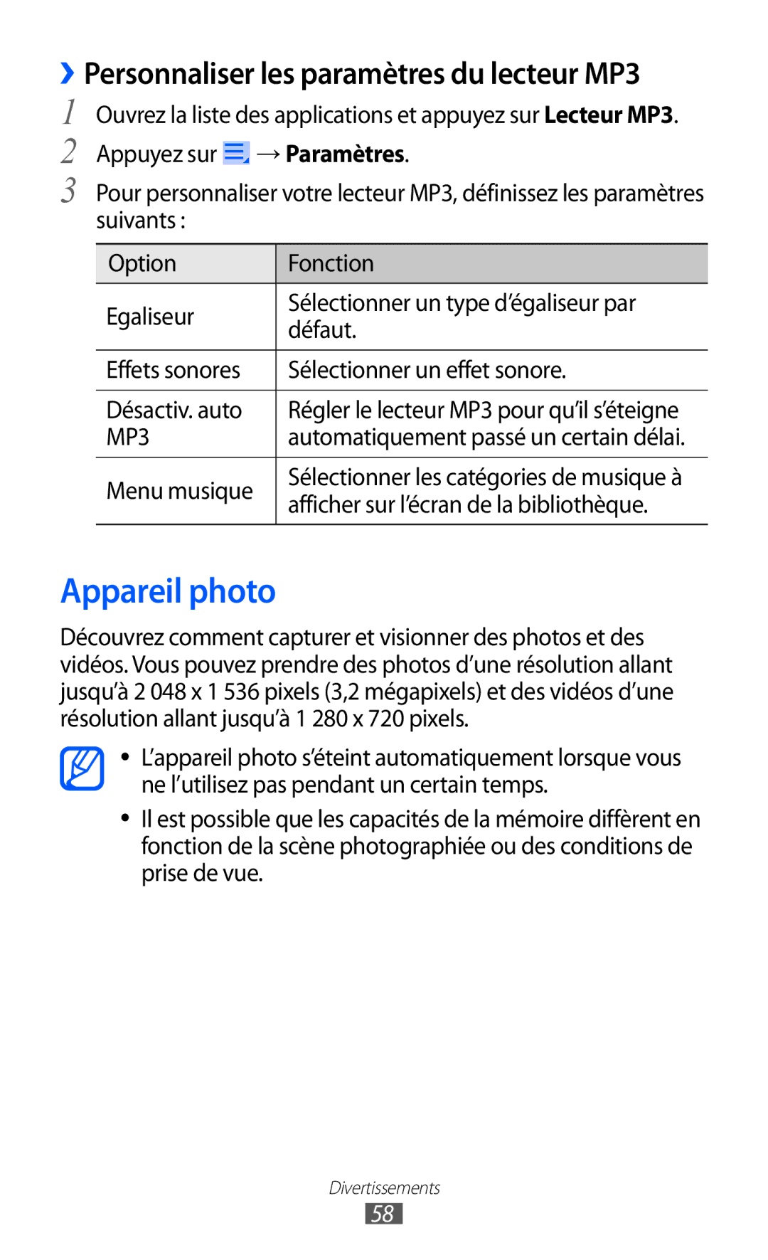 Samsung GT-P6210UWABGL manual Appareil photo, ››Personnaliser les paramètres du lecteur MP3, Menu musique 