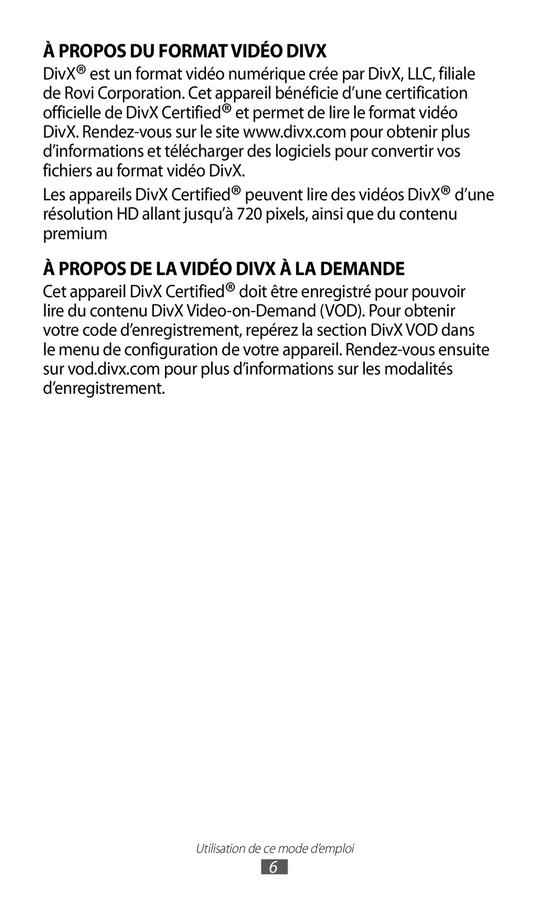 Samsung GT-P6210UWABGL manual Propos DE LA Vidéo Divx À LA Demande 