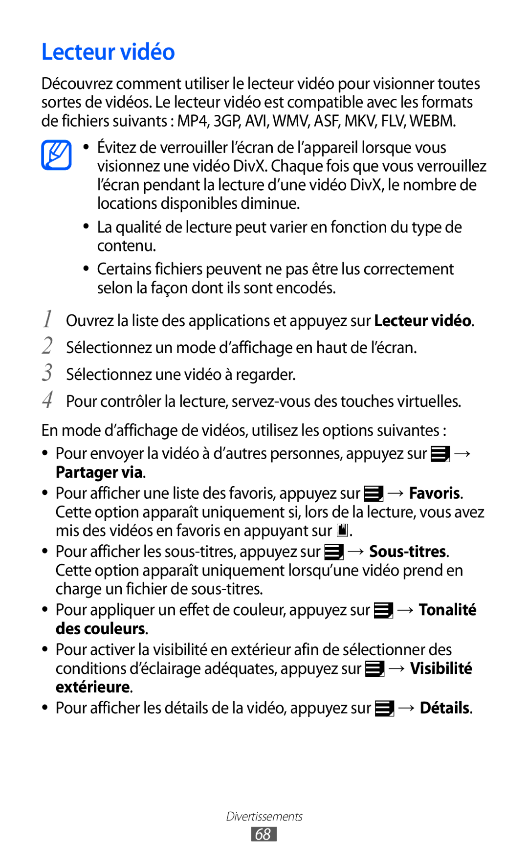 Samsung GT-P6210UWABGL manual Lecteur vidéo, Des couleurs 