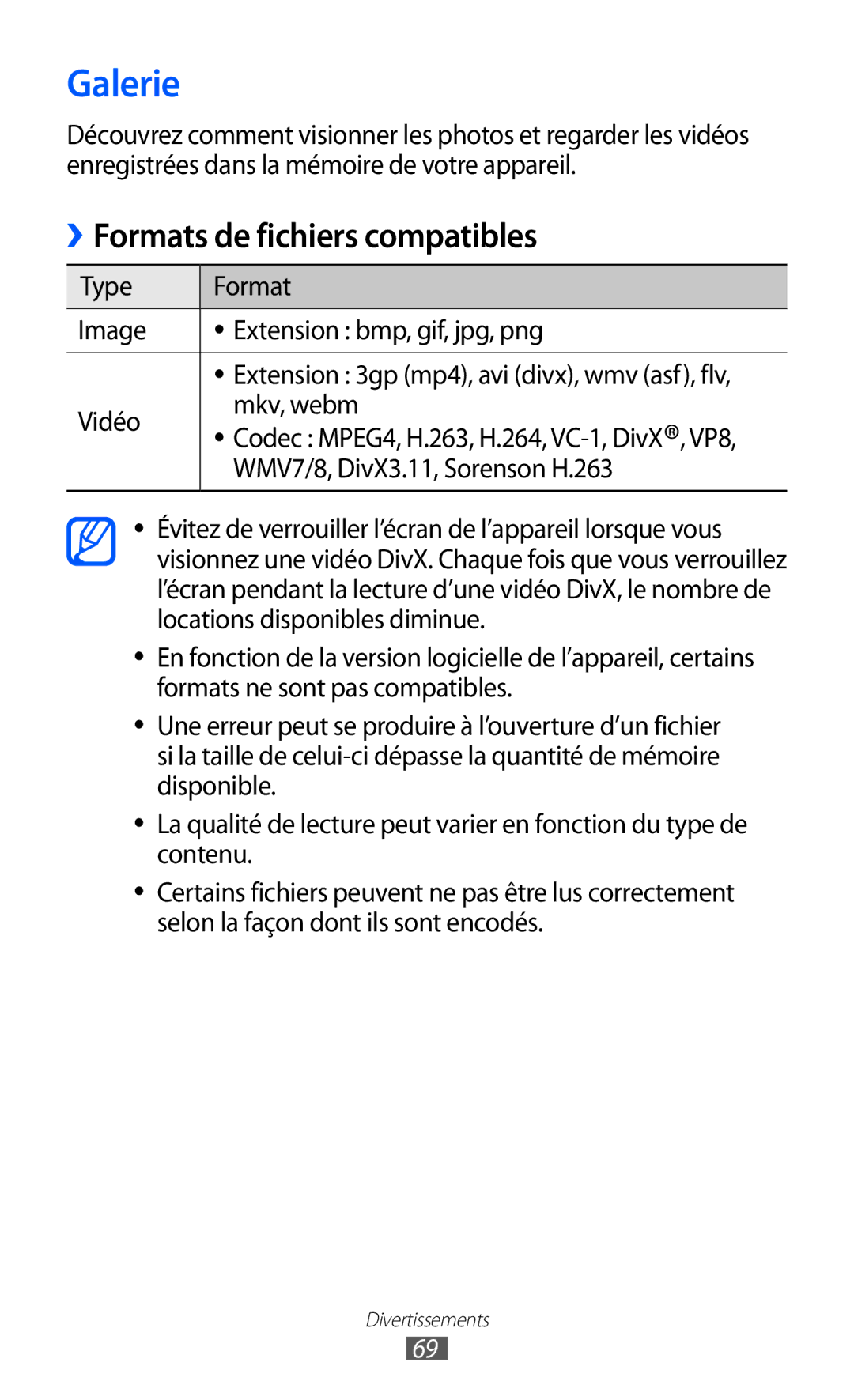 Samsung GT-P6210UWABGL manual Galerie, Formats de fichiers compatibles, Type Format Image Extension bmp, gif, jpg, png 