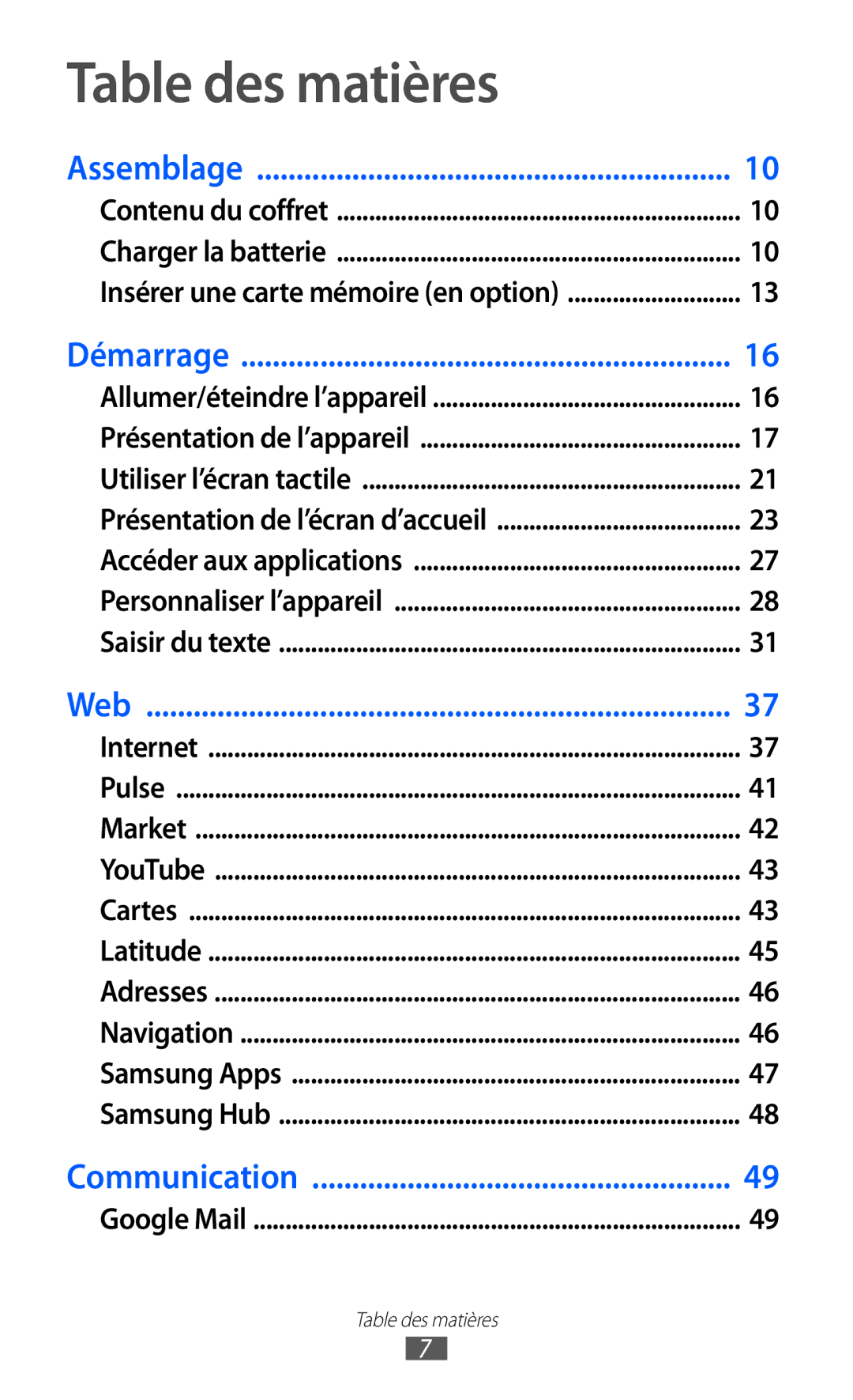 Samsung GT-P6210UWABGL manual Table des matières, Démarrage 