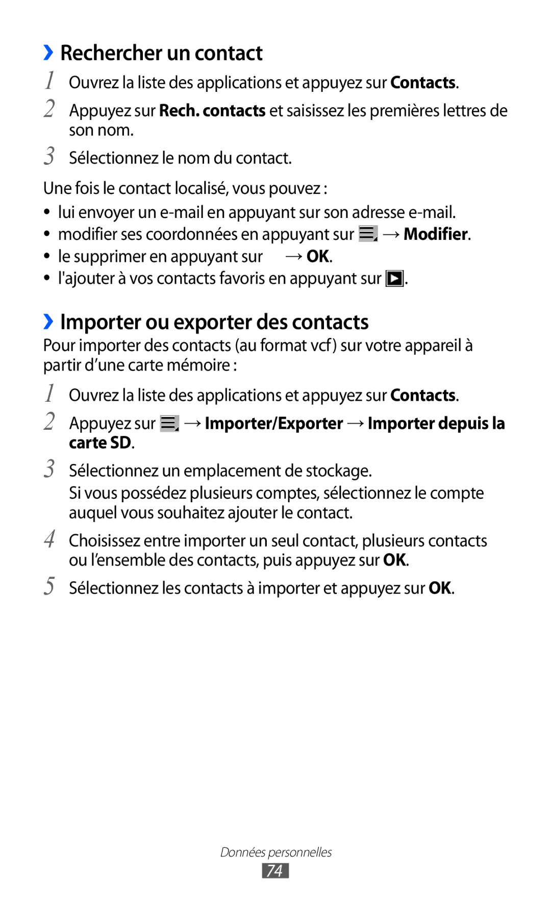 Samsung GT-P6210UWABGL manual ››Rechercher un contact, ››Importer ou exporter des contacts 