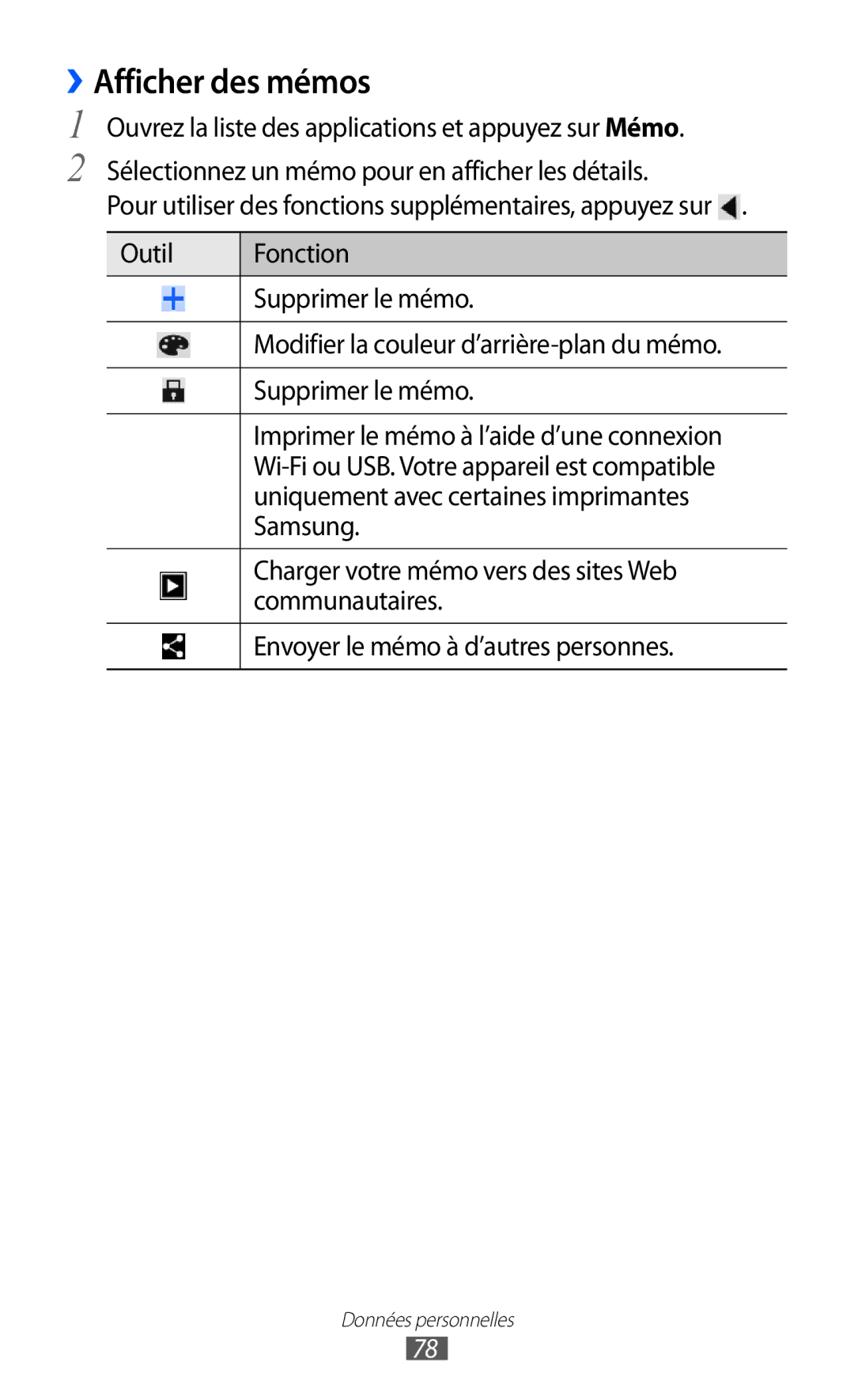 Samsung GT-P6210UWABGL manual ››Afficher des mémos 