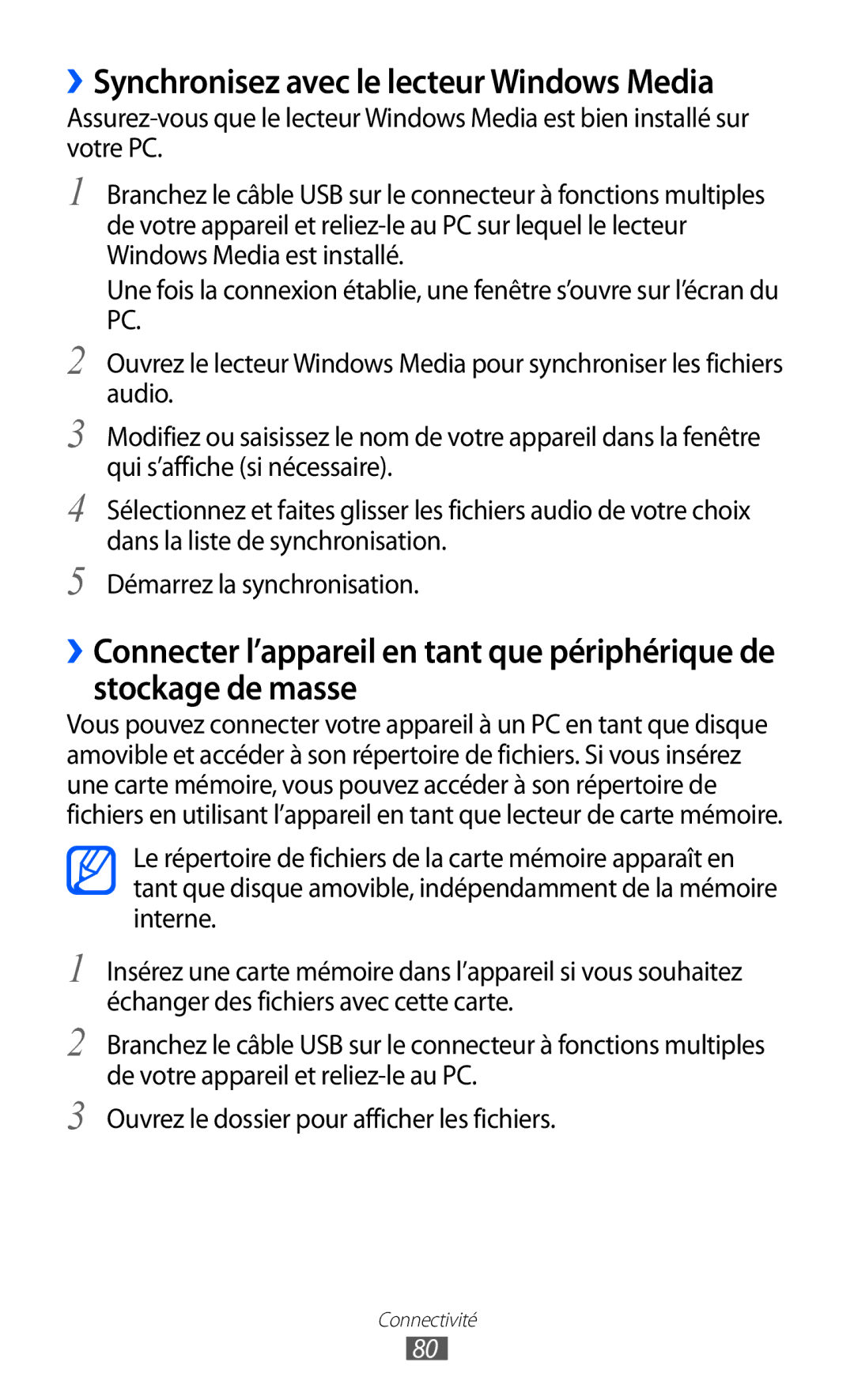 Samsung GT-P6210UWABGL manual ››Synchronisez avec le lecteur Windows Media 