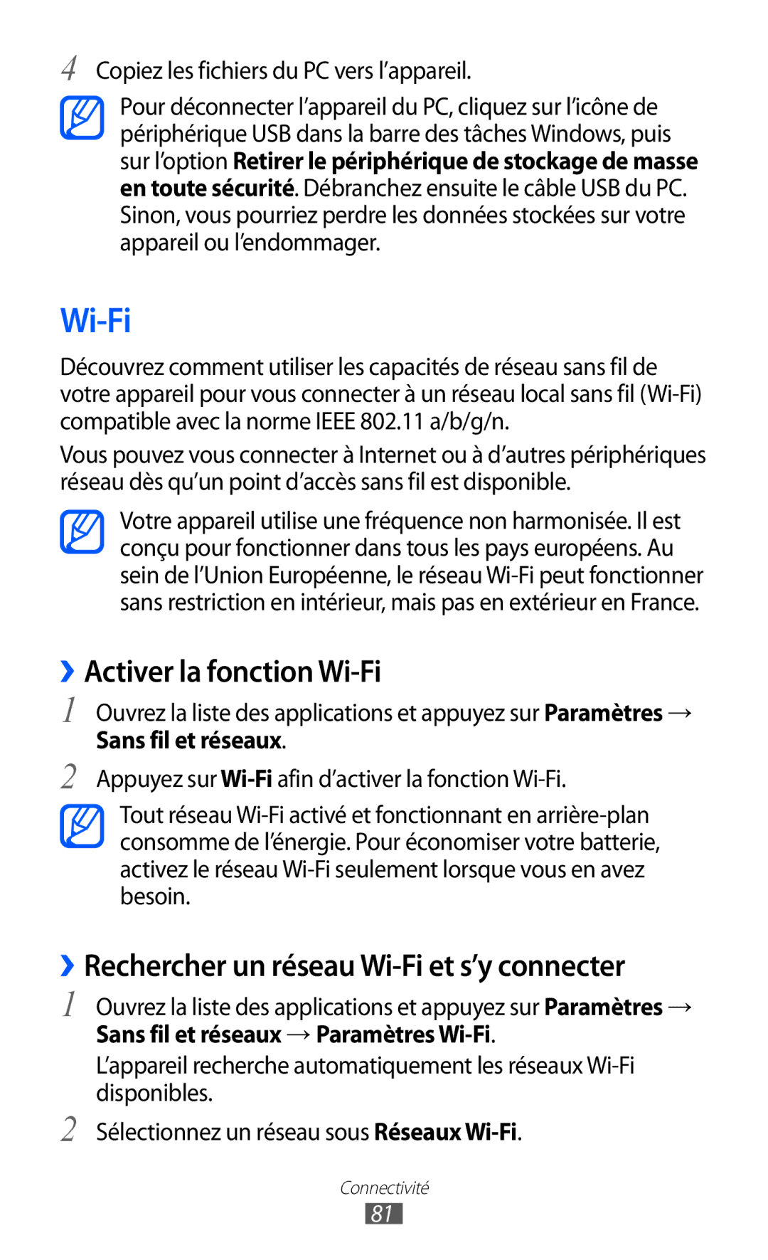 Samsung GT-P6210UWABGL manual ››Activer la fonction Wi-Fi, ››Rechercher un réseau Wi-Fi et s’y connecter 