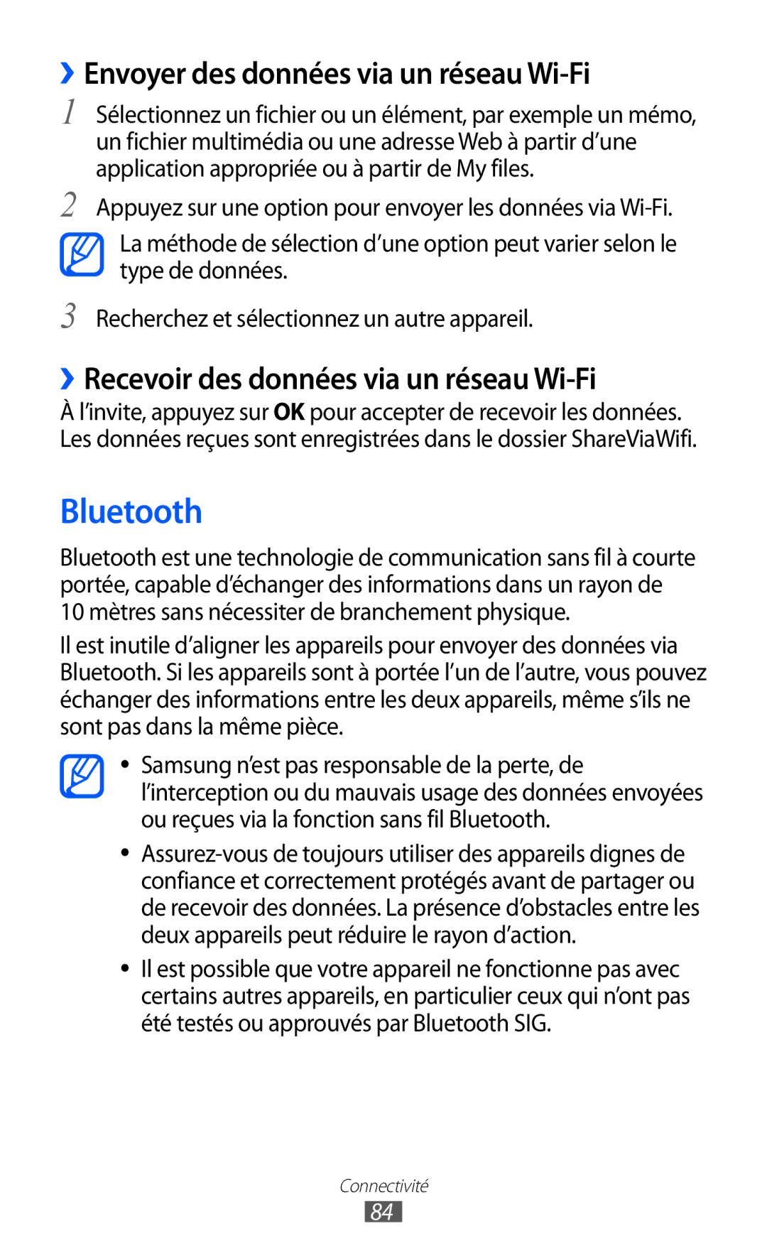 Samsung GT-P6210UWABGL Bluetooth, ››Envoyer des données via un réseau Wi-Fi, ››Recevoir des données via un réseau Wi-Fi 