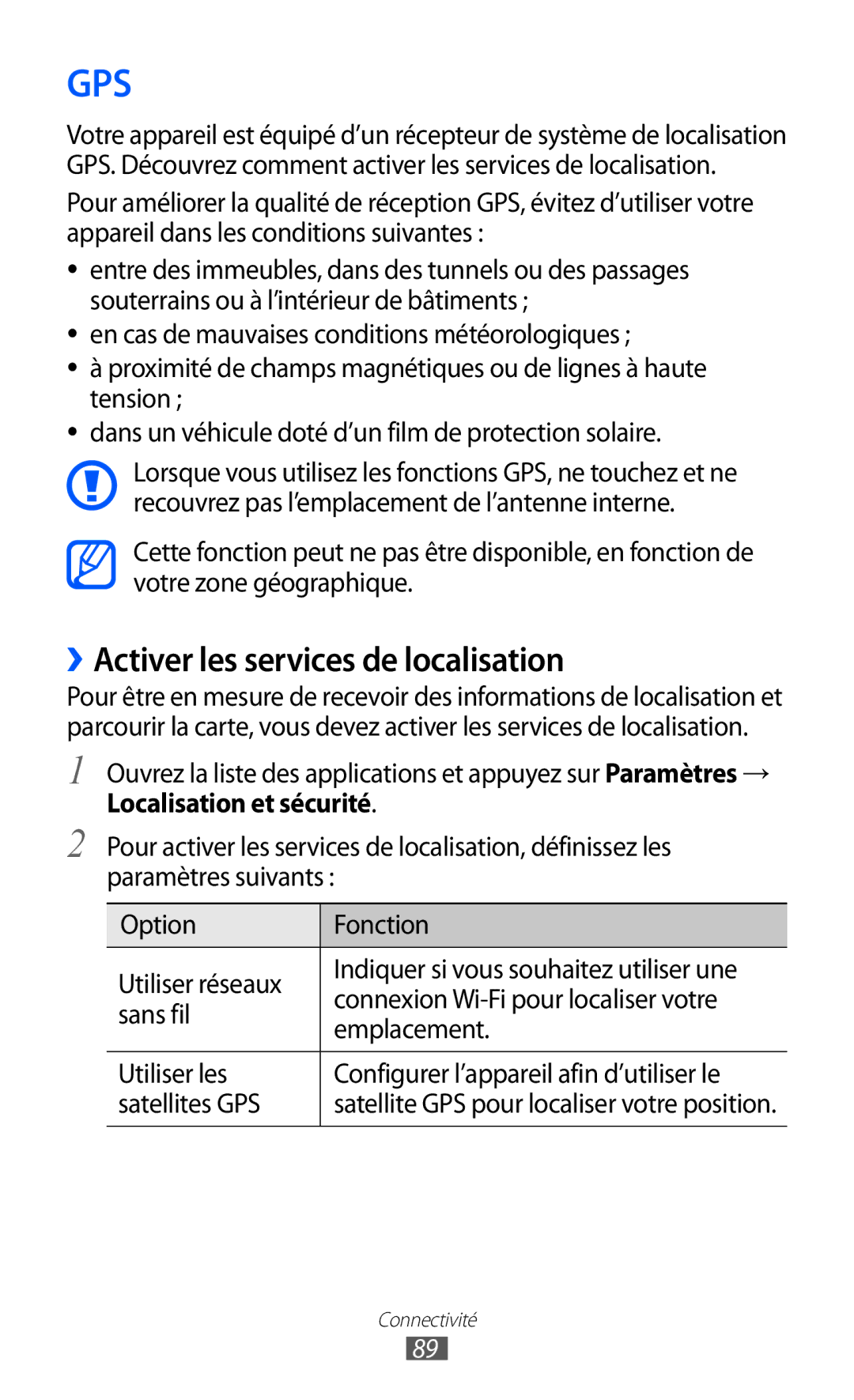 Samsung GT-P6210UWABGL manual Gps, ››Activer les services de localisation 