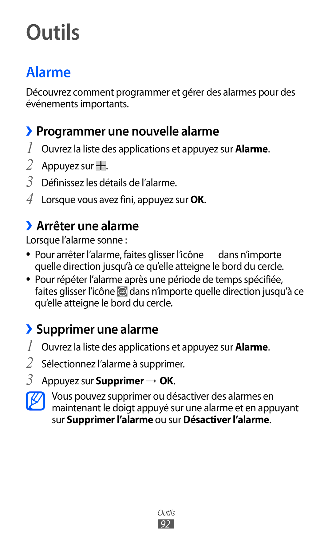 Samsung GT-P6210UWABGL Outils, Alarme, ››Programmer une nouvelle alarme, ››Arrêter une alarme, ››Supprimer une alarme 