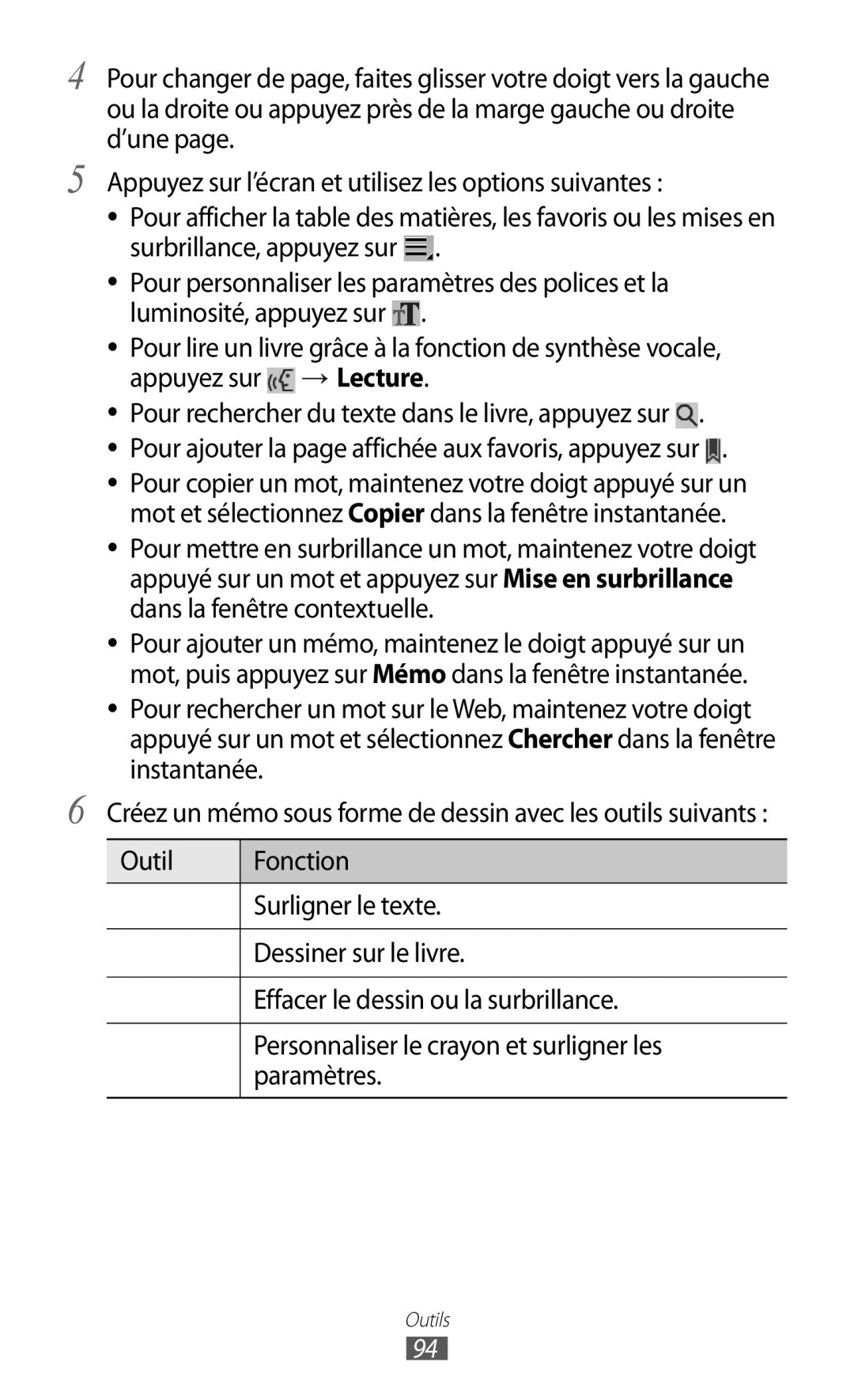 Samsung GT-P6210UWABGL manual Créez un mémo sous forme de dessin avec les outils suivants 