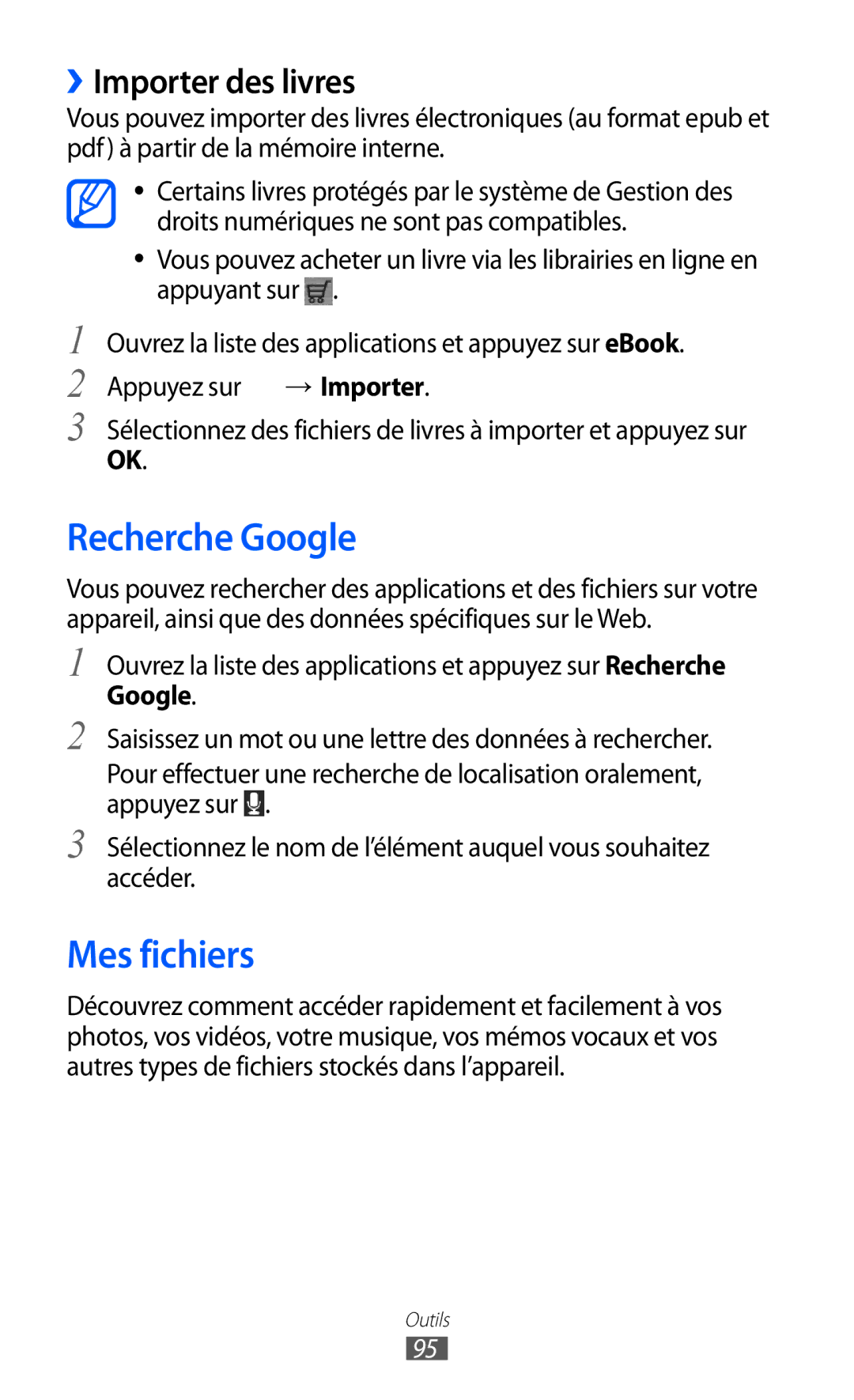 Samsung GT-P6210UWABGL manual Recherche Google, Mes fichiers, ››Importer des livres 