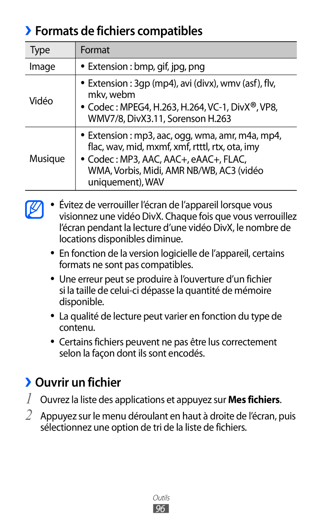 Samsung GT-P6210UWABGL manual ››Ouvrir un fichier, Uniquement, WAV 