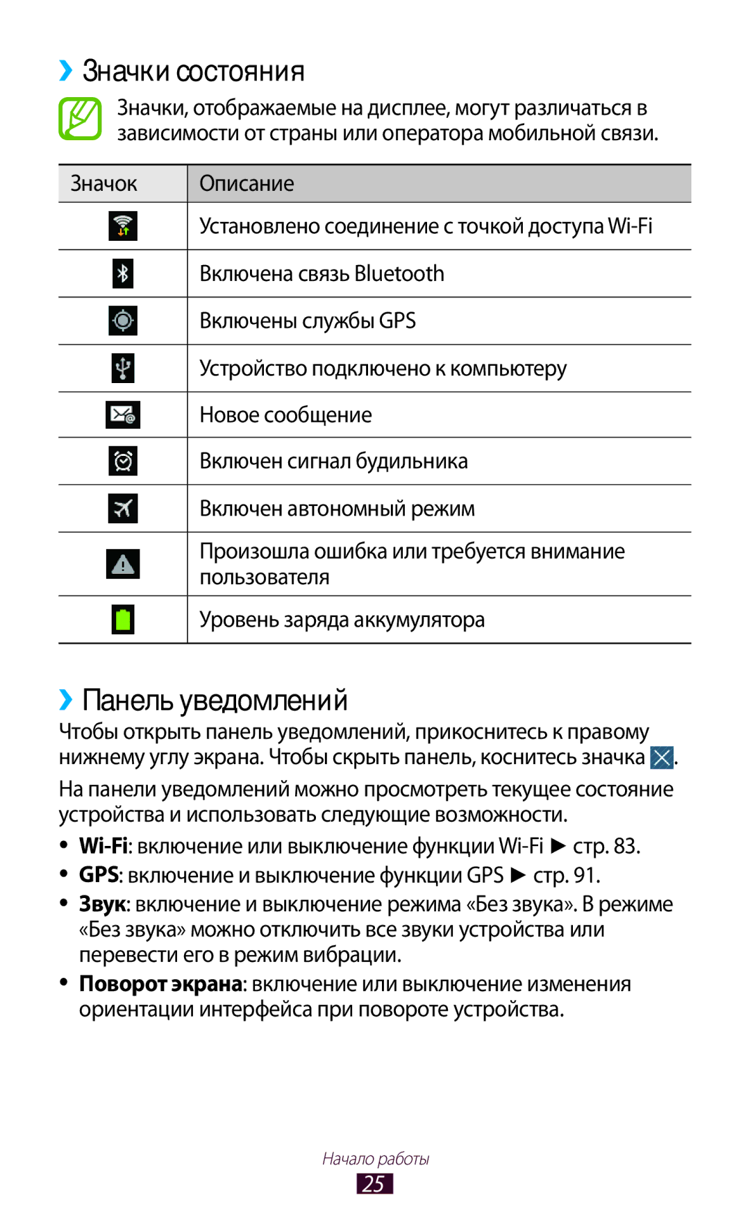 Samsung GT-P6210UWASEB, GT-P6210UWASER, GT-P6210UWESER, GT-P6210MAESER manual ››Значки состояния, ››Панель уведомлений 