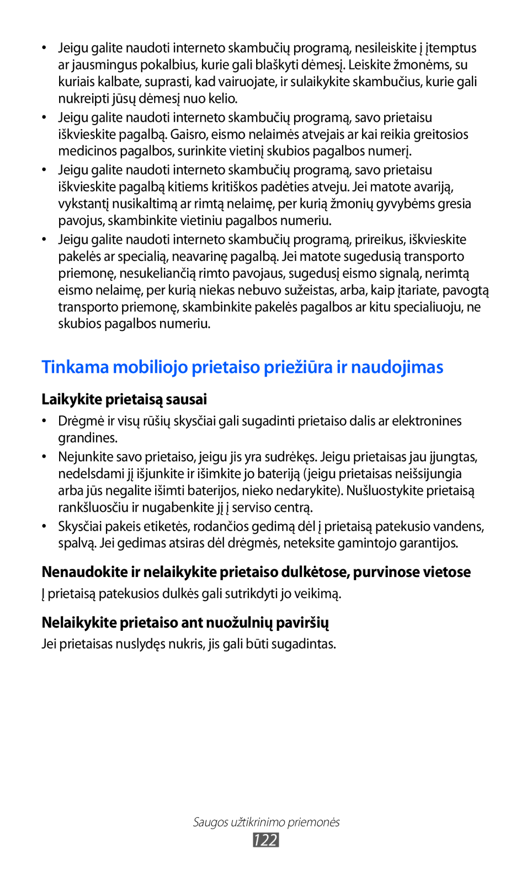 Samsung GT-P6210UWASEB manual Tinkama mobiliojo prietaiso priežiūra ir naudojimas 