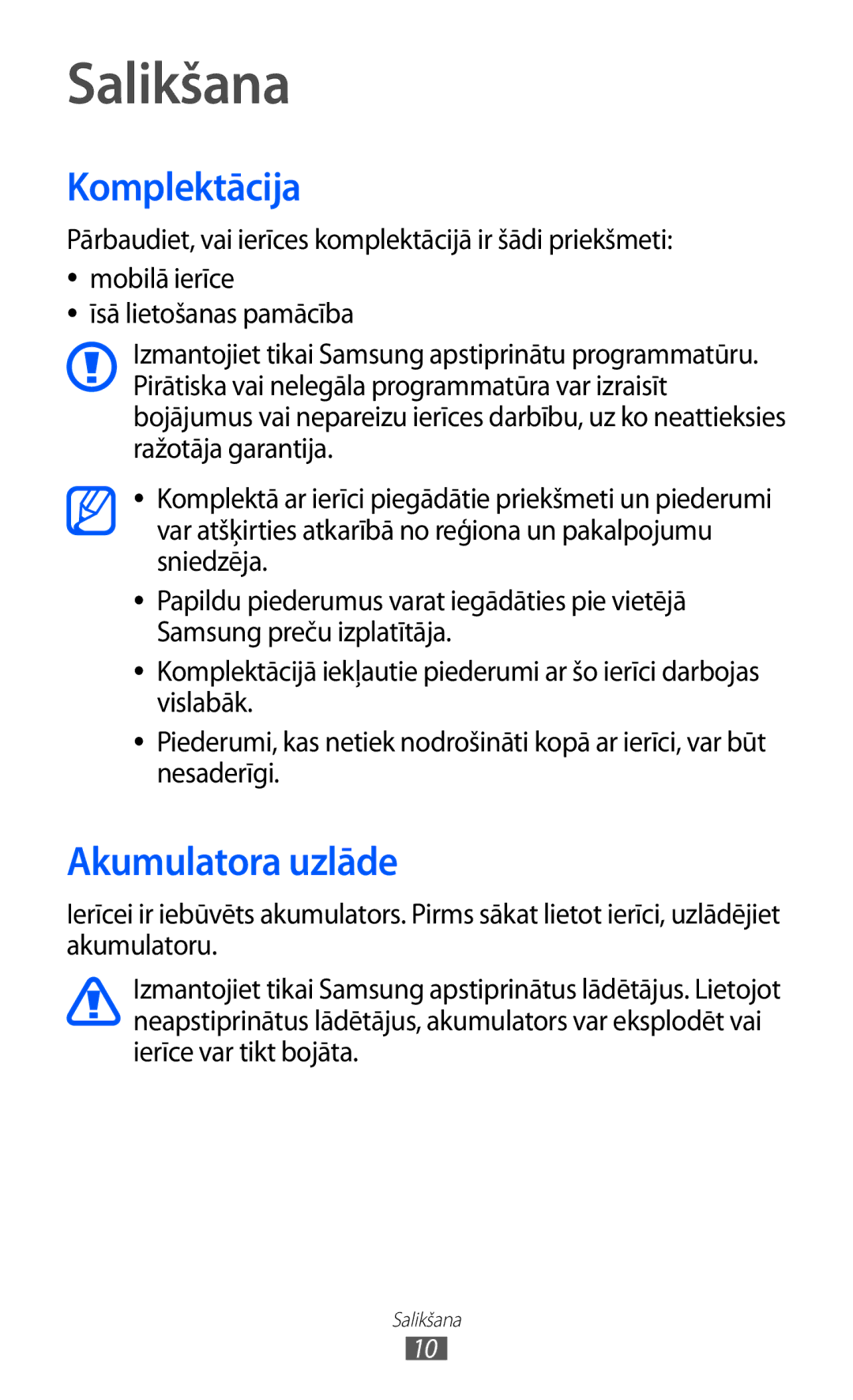 Samsung GT-P6210UWASEB manual Salikšana, Komplektācija, Akumulatora uzlāde 