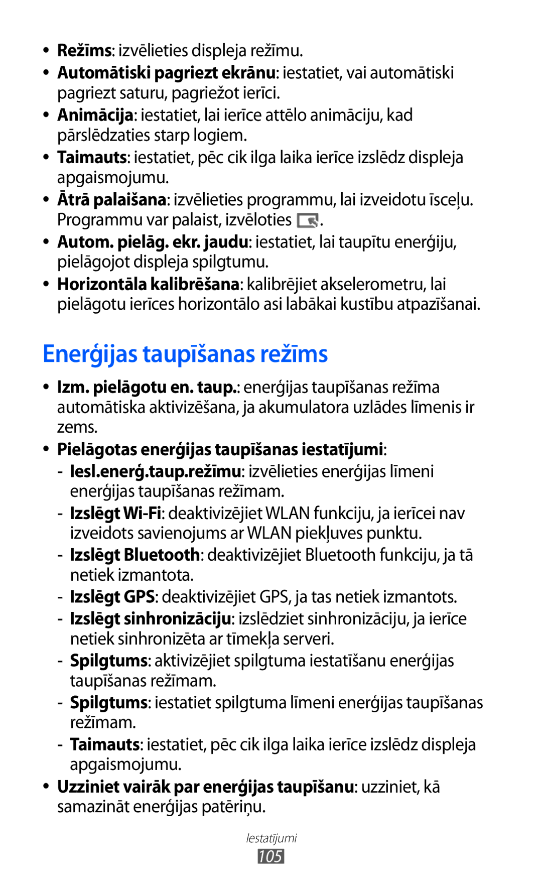 Samsung GT-P6210UWASEB manual Enerģijas taupīšanas režīms, Režīms izvēlieties displeja režīmu, Samazināt enerģijas patēriņu 