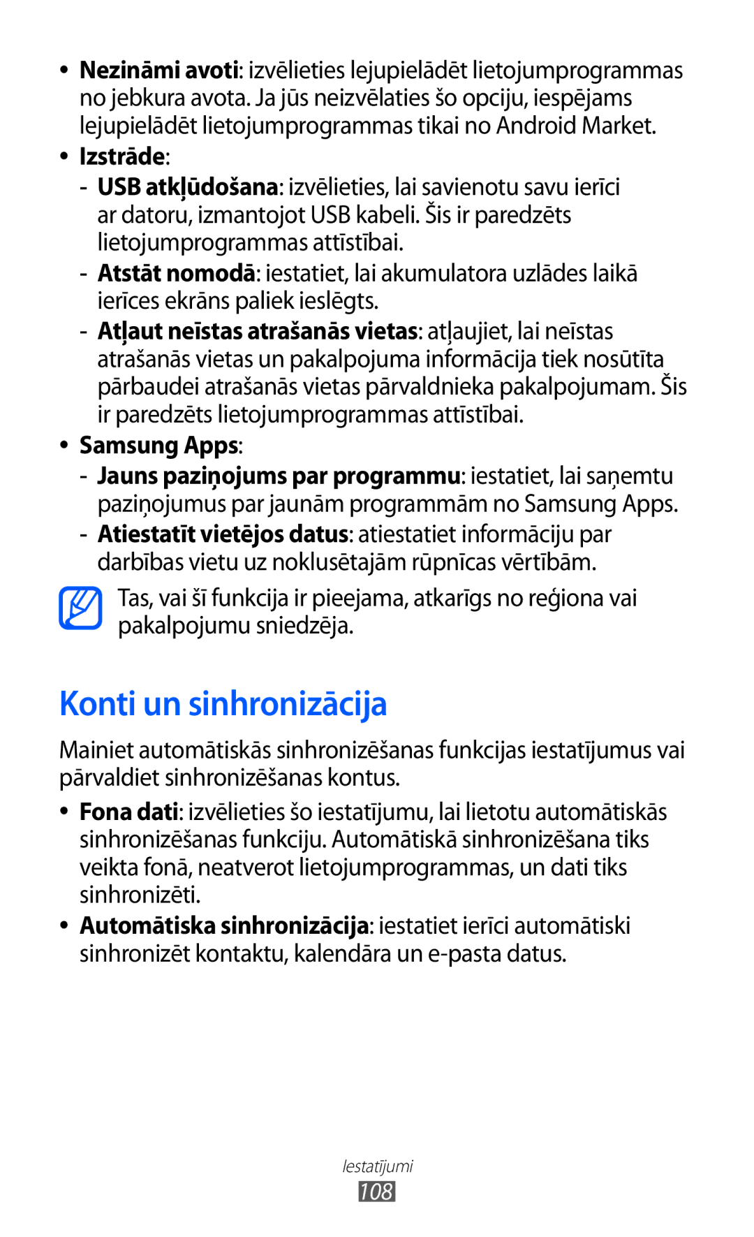 Samsung GT-P6210UWASEB manual Konti un sinhronizācija, Izstrāde, Samsung Apps 