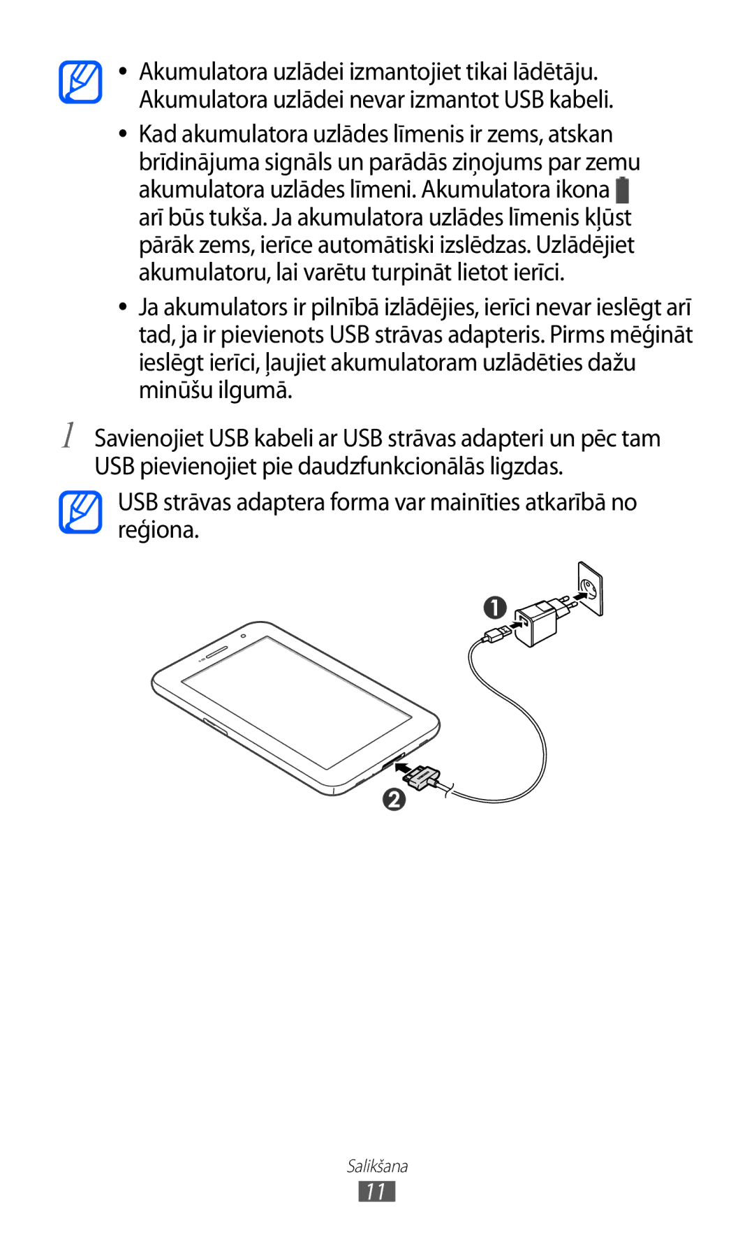 Samsung GT-P6210UWASEB manual USB strāvas adaptera forma var mainīties atkarībā no reģiona 