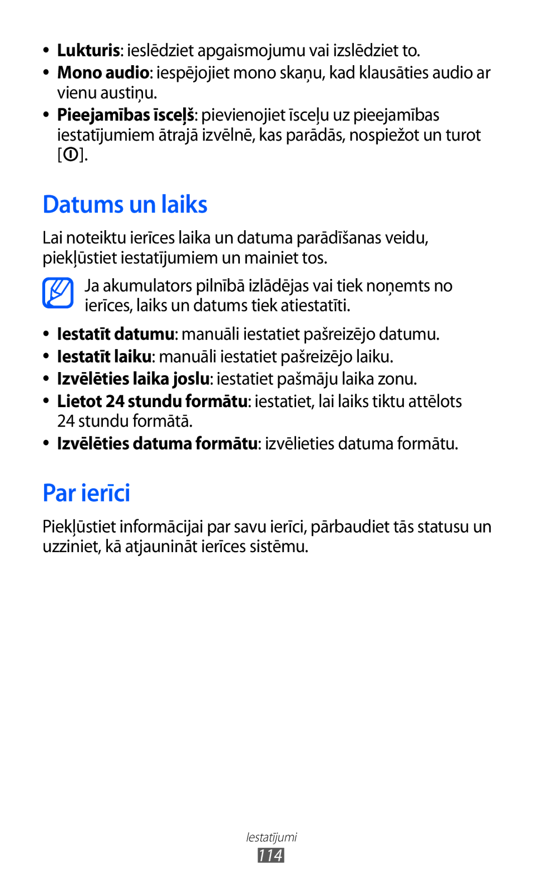 Samsung GT-P6210UWASEB manual Datums un laiks, Par ierīci 